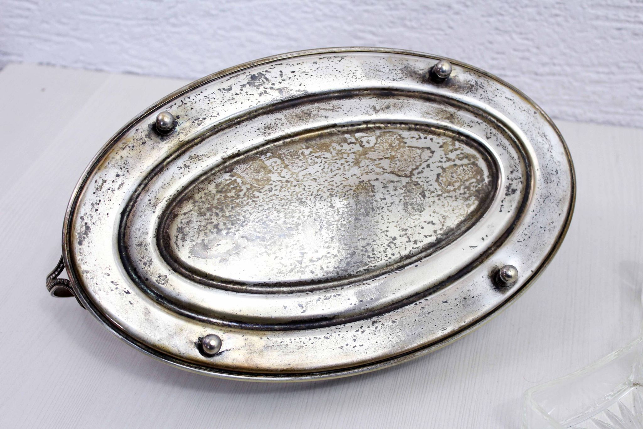 Art Deco silver metal tray with 4 ramekins