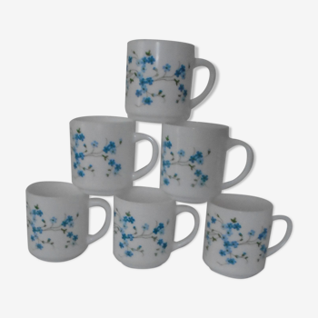 6 mugs blue flowers veronica Arcopal France gj