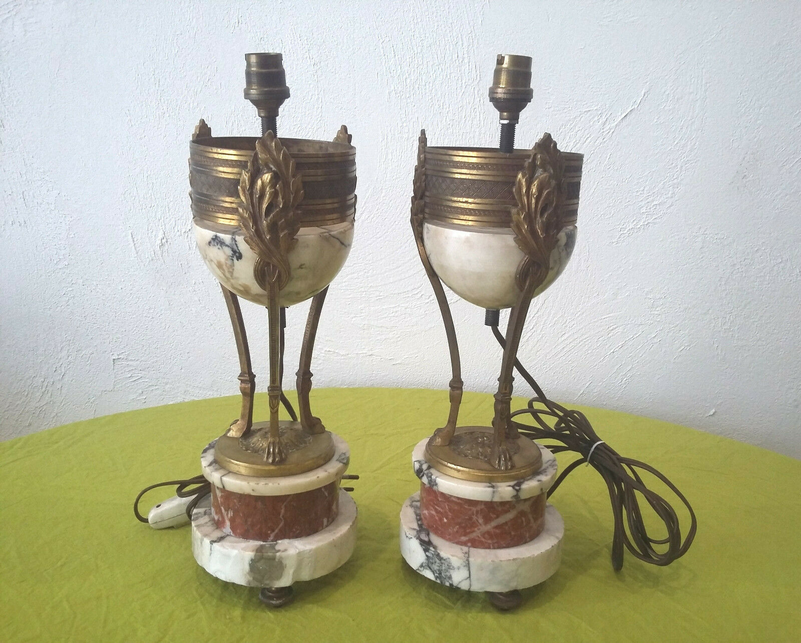 Pair of Athenian lamps in marble and bronze