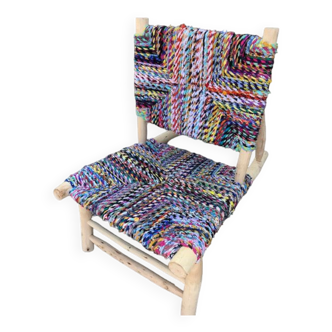 Wooden armchair braiding multicolored fabrics