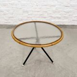 Mid-Century Set of Three Round Rattan and Glass Side Tables, 1960s