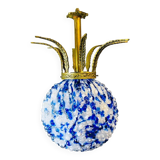 Lustre géant en verre d'art bleu avec couronne en bronze