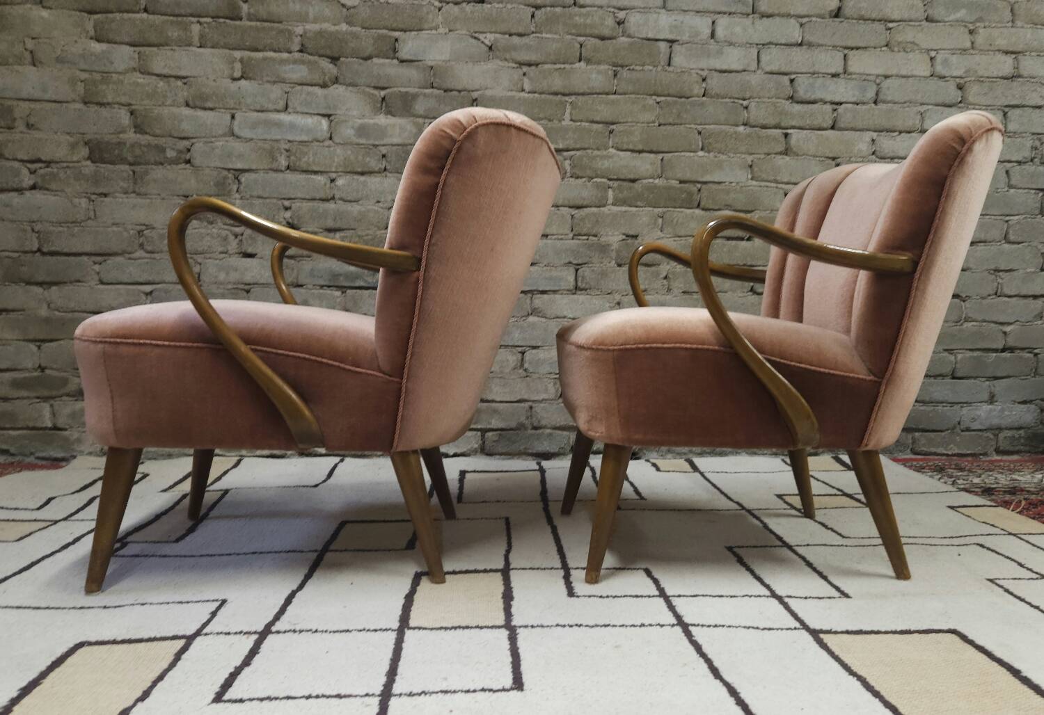 Pair of pink velvet cocktail armchairs 1960