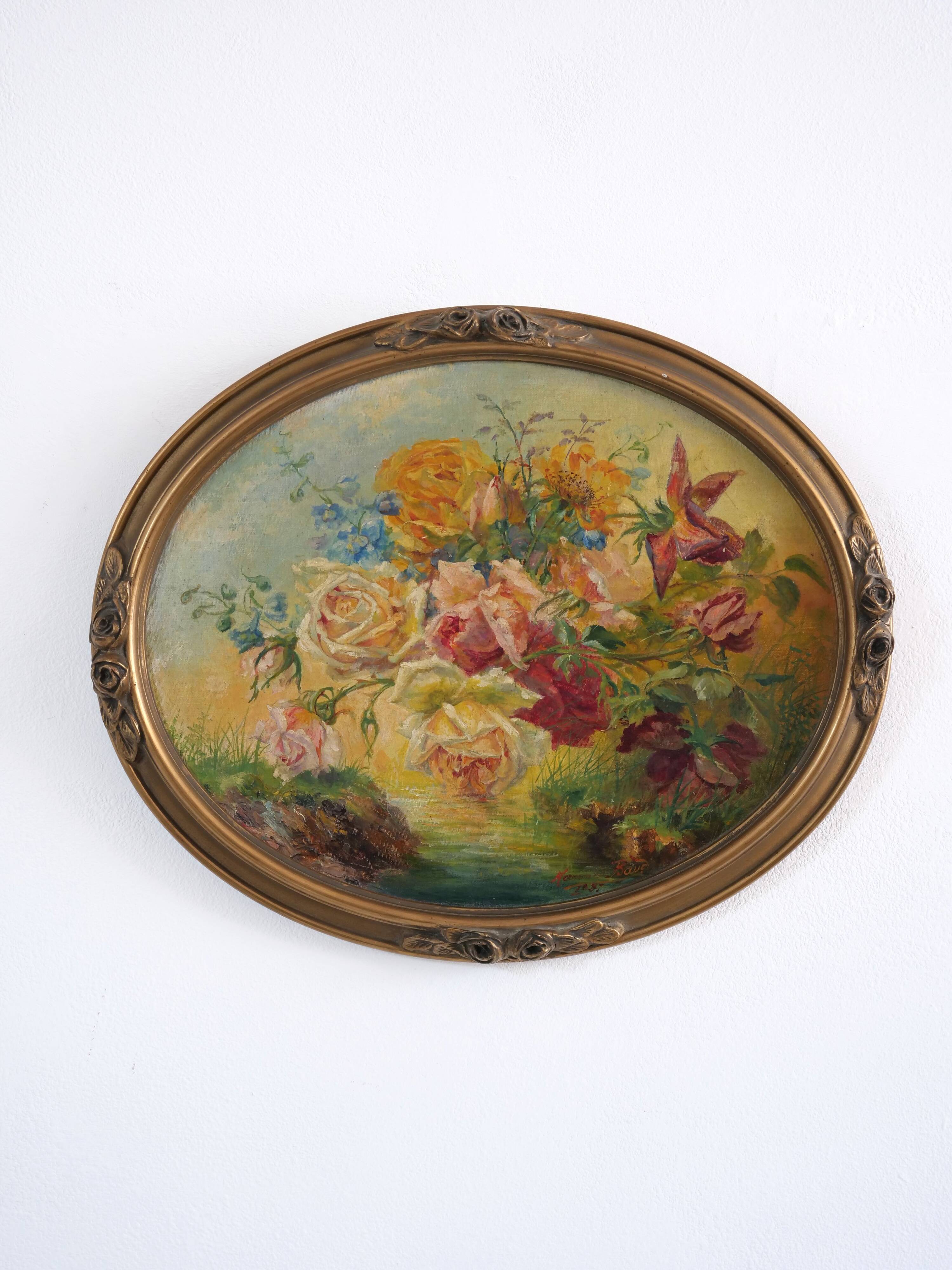 Oil on oval panel "bouquet of flower"