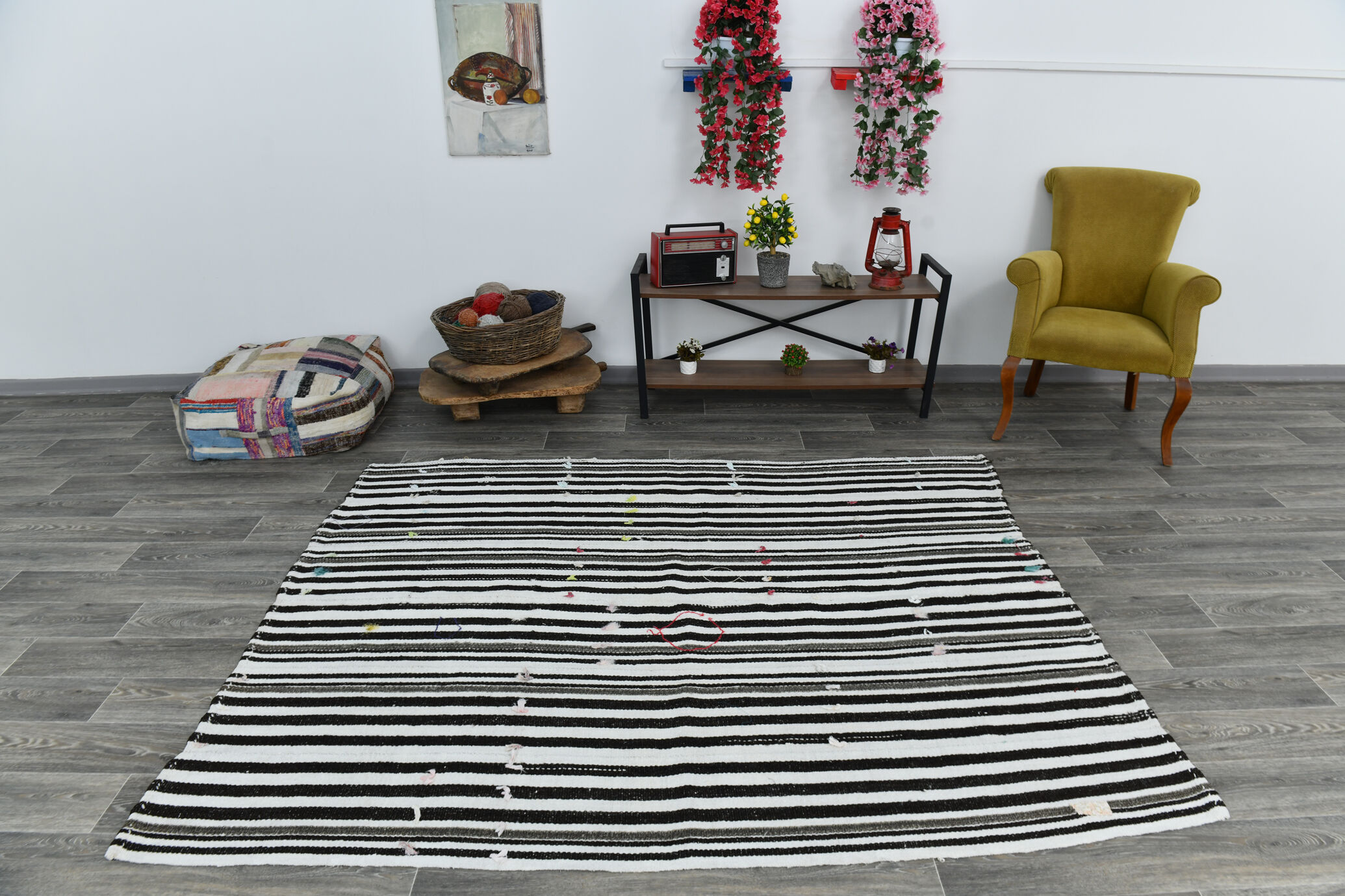 Tapis chanvre noir blanc, 181x223cm