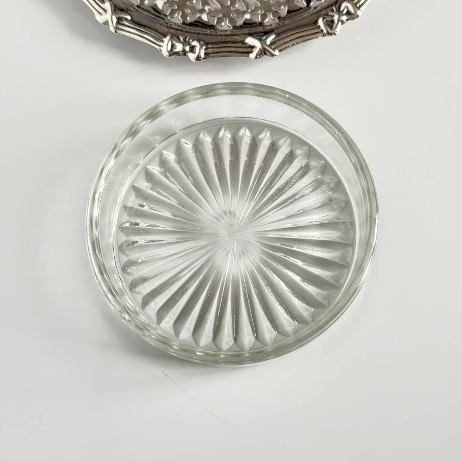 Silver metal ramekin with glass insert, ribbons, bows