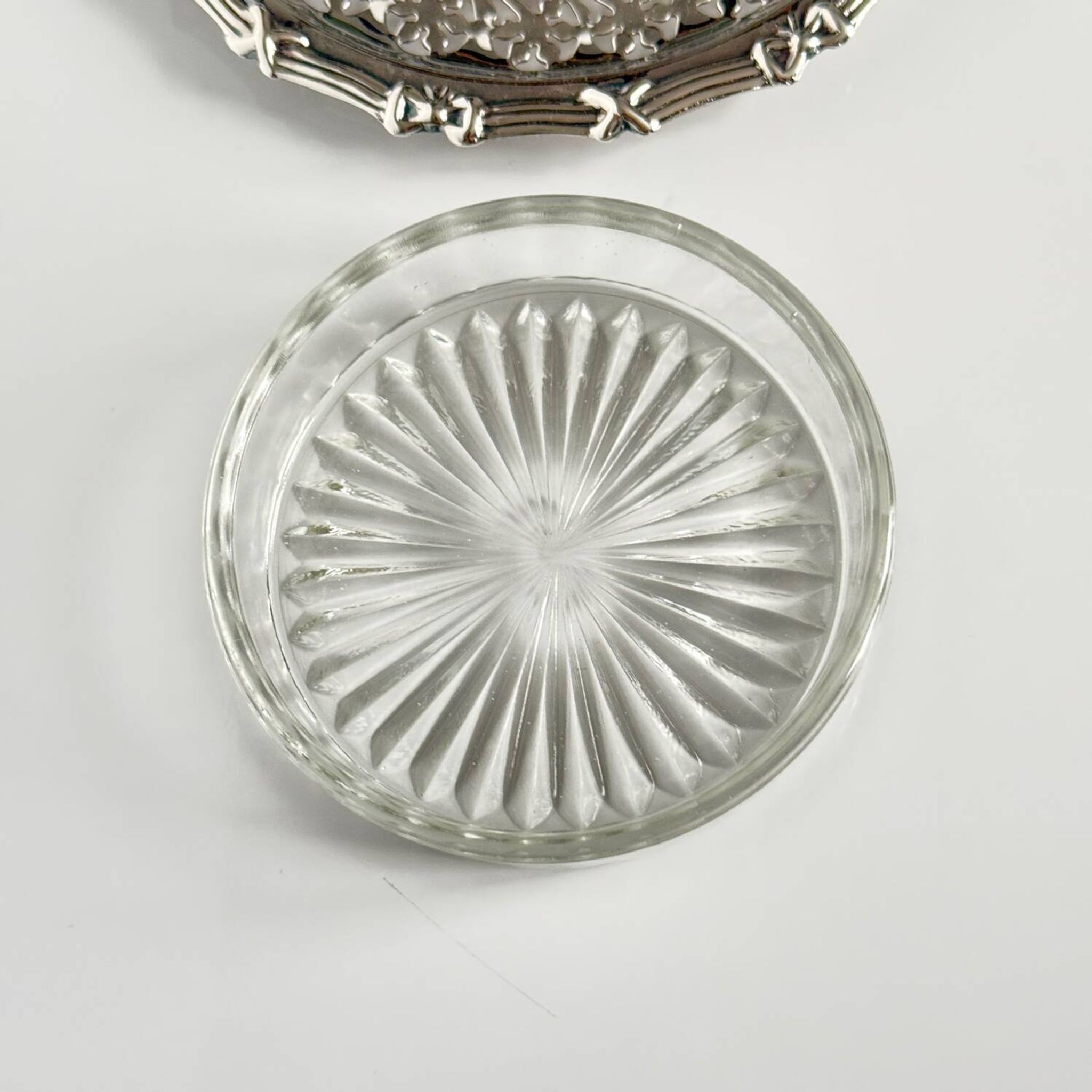Silver metal ramekin with glass insert, ribbons, bows
