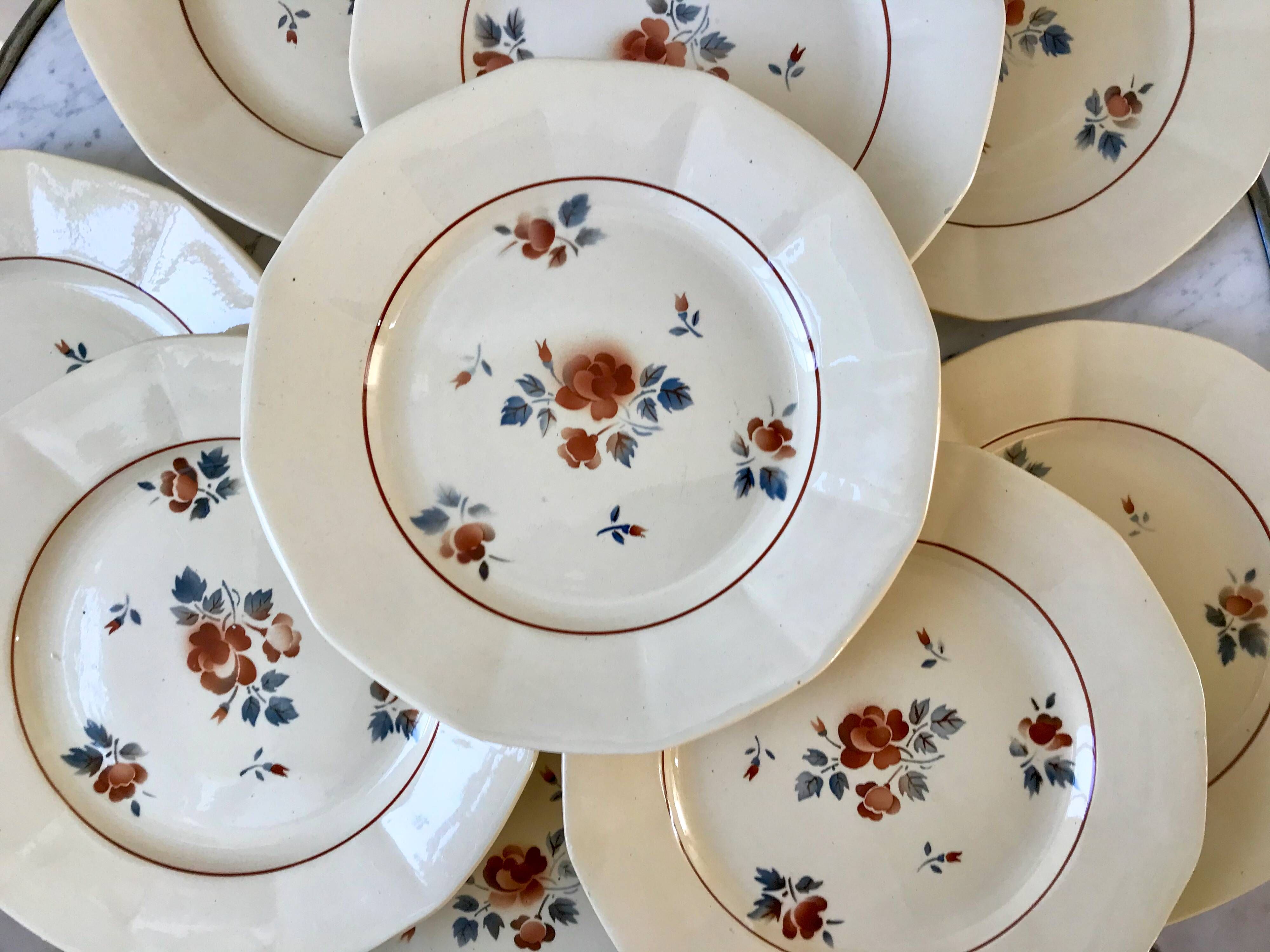 set of 9 Digoin Sarreguemines beige flat plates with pink flowers 1930s-40s