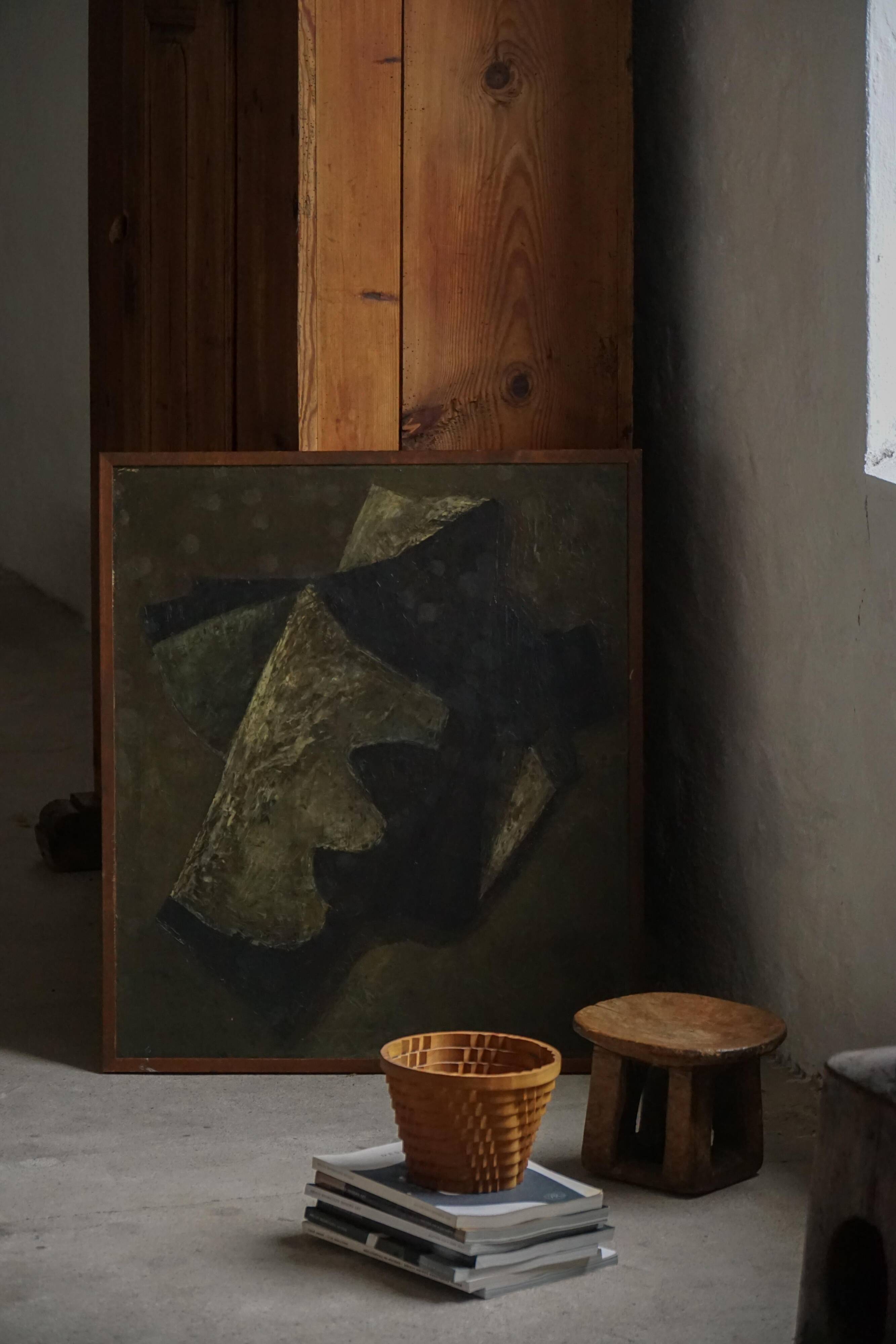 Mid-century pastel oil abstract painting, Danish artist, patinated wooden frame.