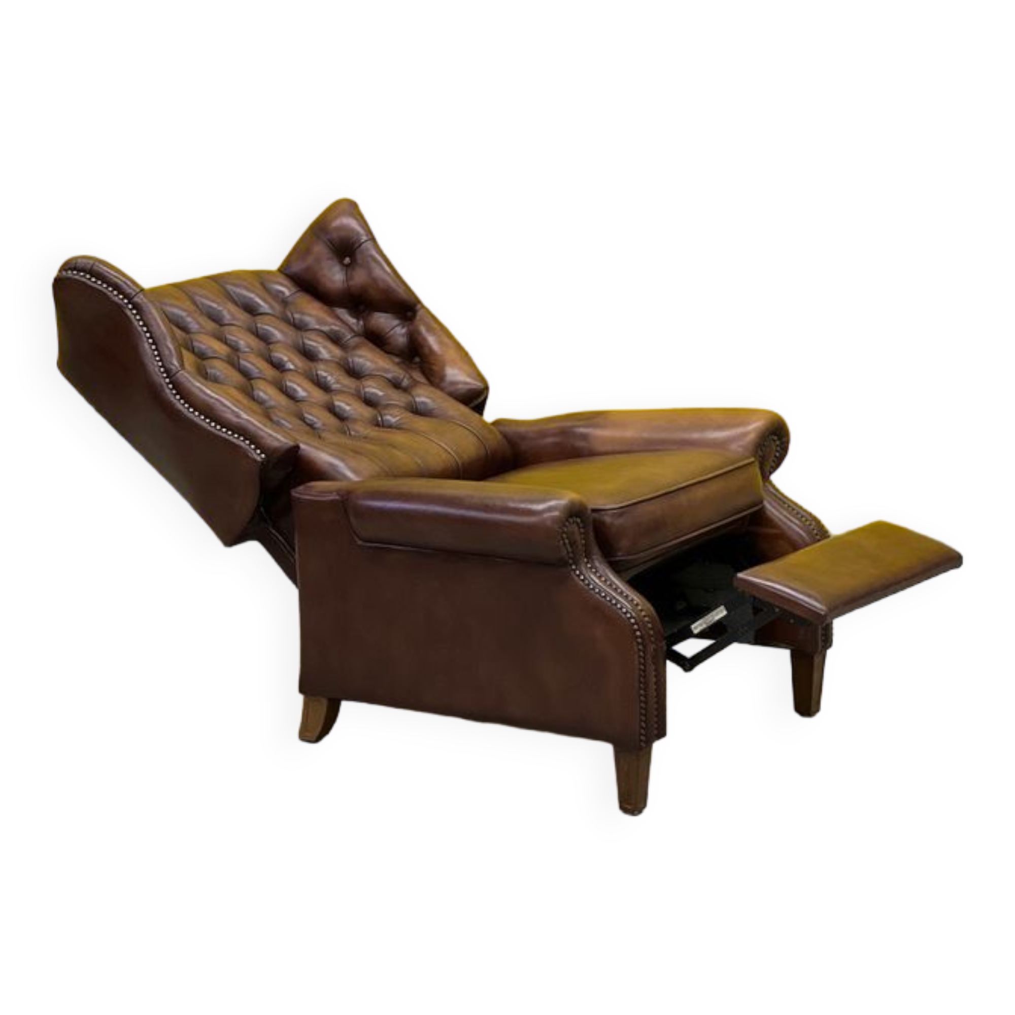 Fauteuil inclinable chesterfield vintage fait main marron