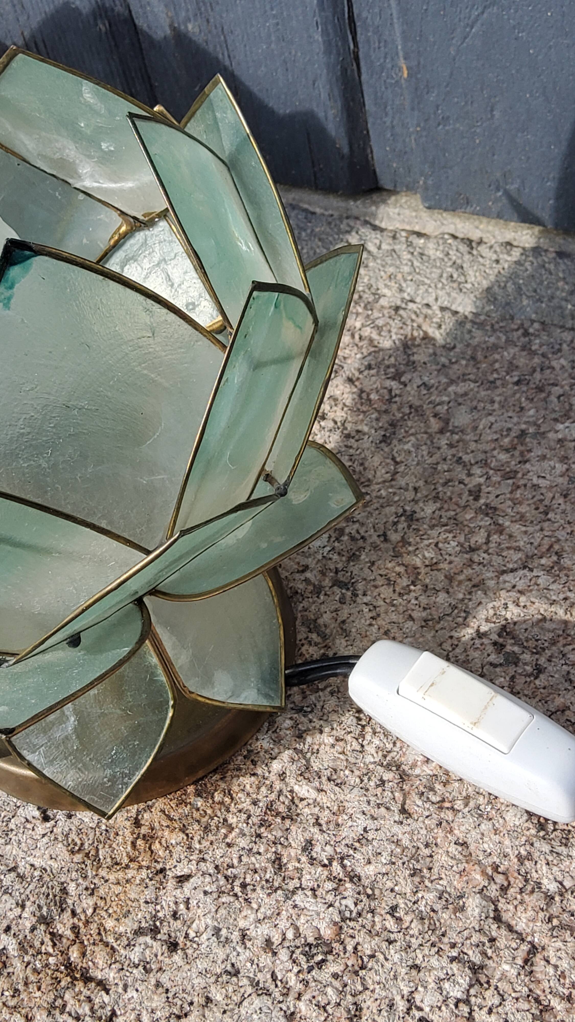 Pair of designer table lamps in turquoise blue green capiz mother-of-pearl from the 70s