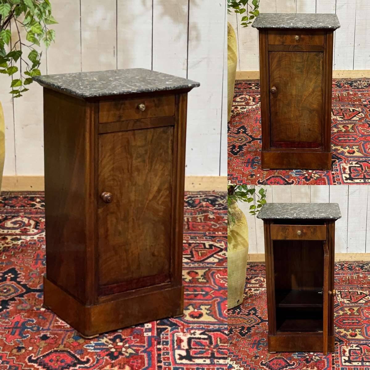 19th-century bedside table in mahogany with a grey marble top.