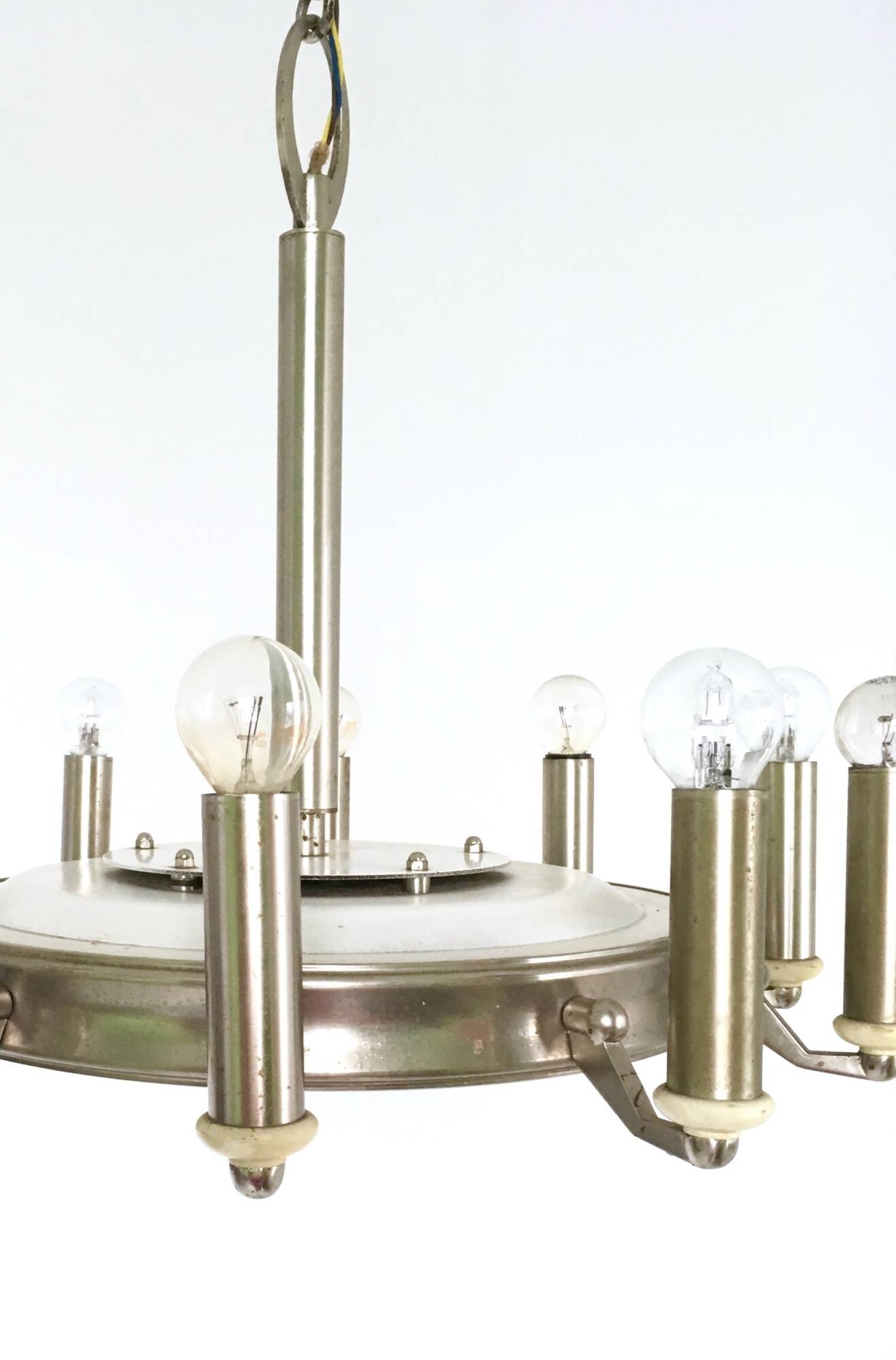 Art Deco 10-Light Round Varnished Metal Chandelier, Italy