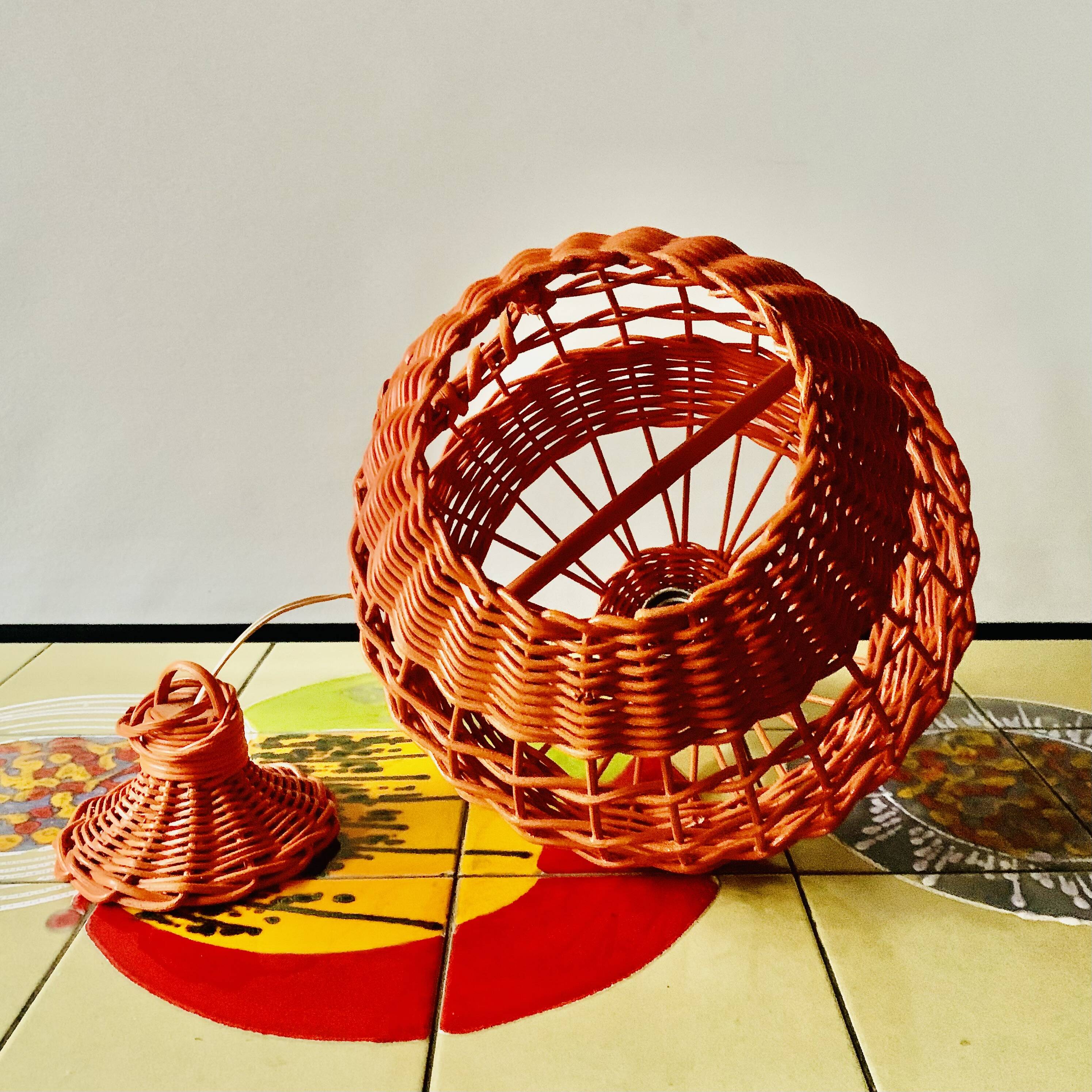 Vintage orange wicker pendant light - bird cage