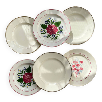 6 Assiettes vintage dépareillées motif fleuri