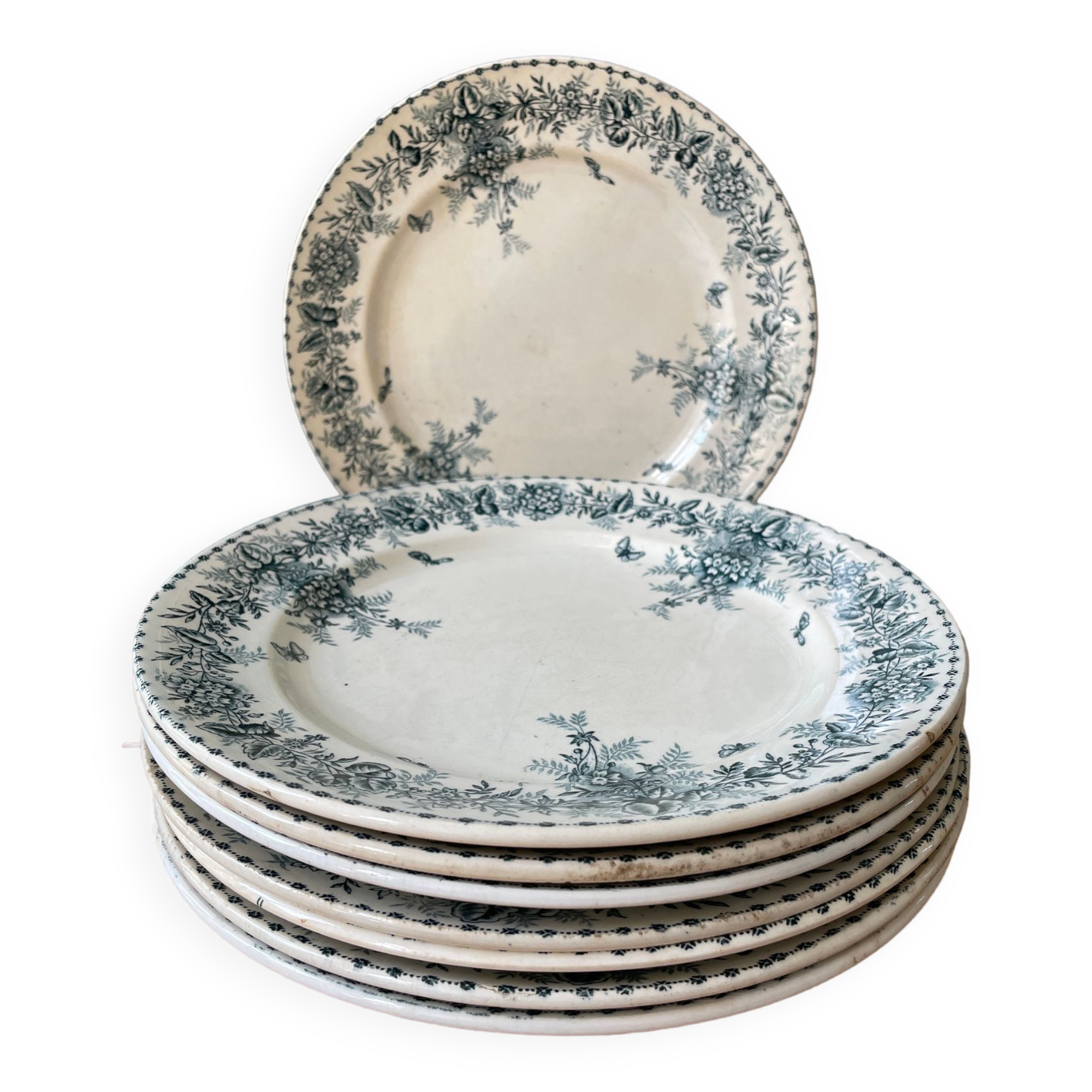 Set of 8 flat plates 19th century Terre de Fer, “Stella” Onnaing earthenware