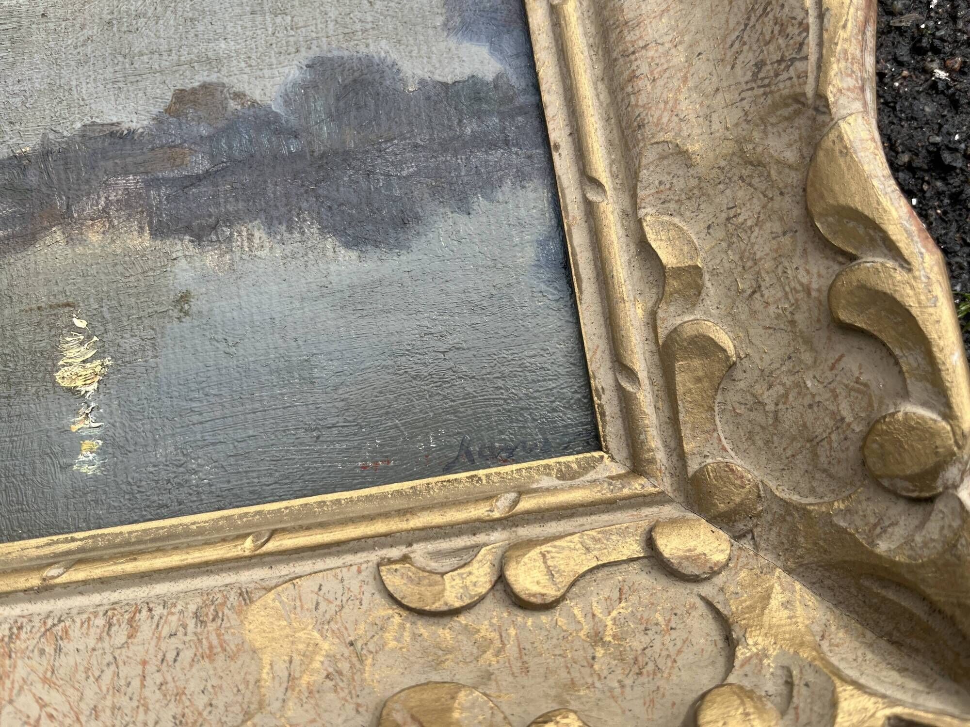 Antique Painting - Night Landscape by the Water and Golden Frame