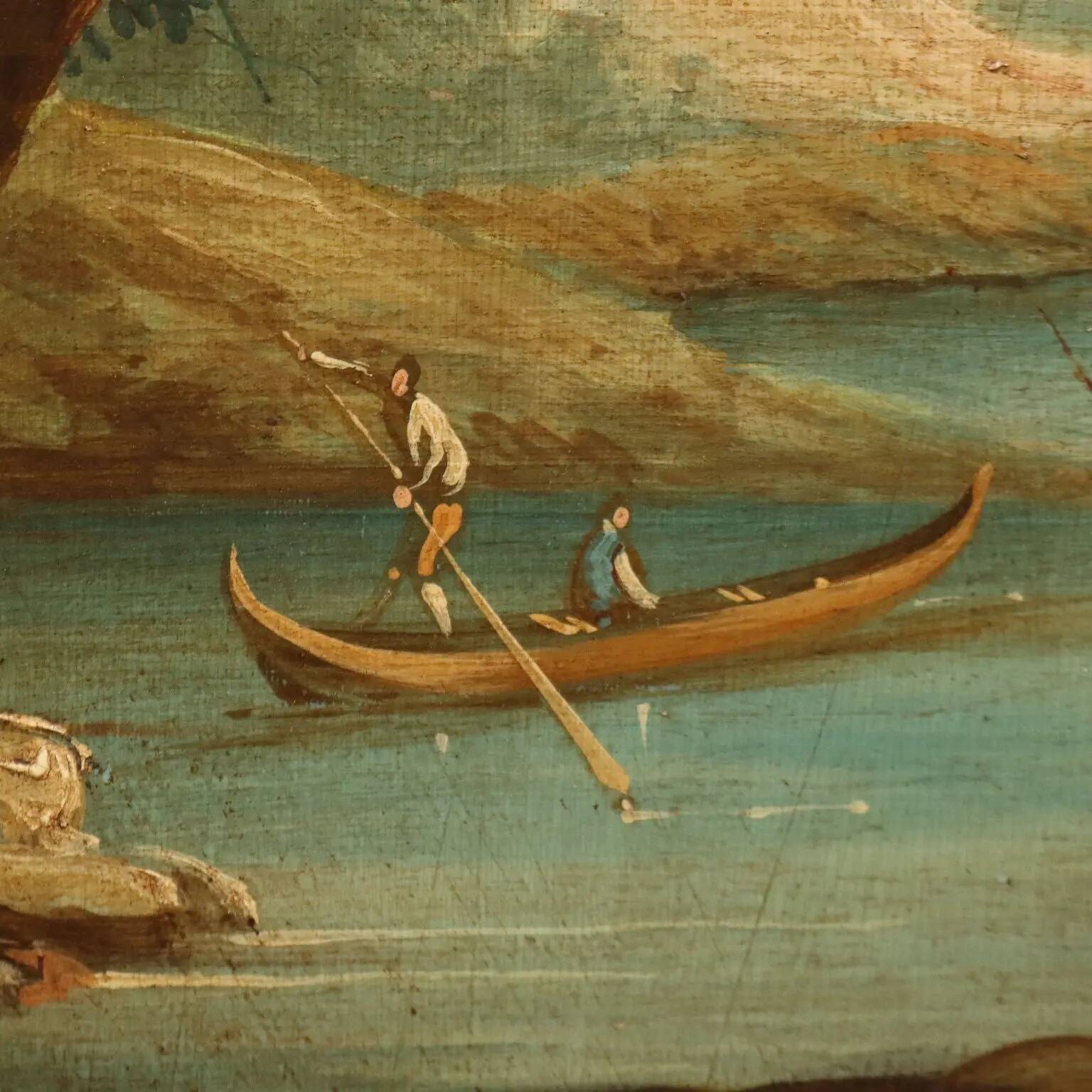 Peinture ancienne paysage avec rivière, huile sur panneau dur XVIII Century