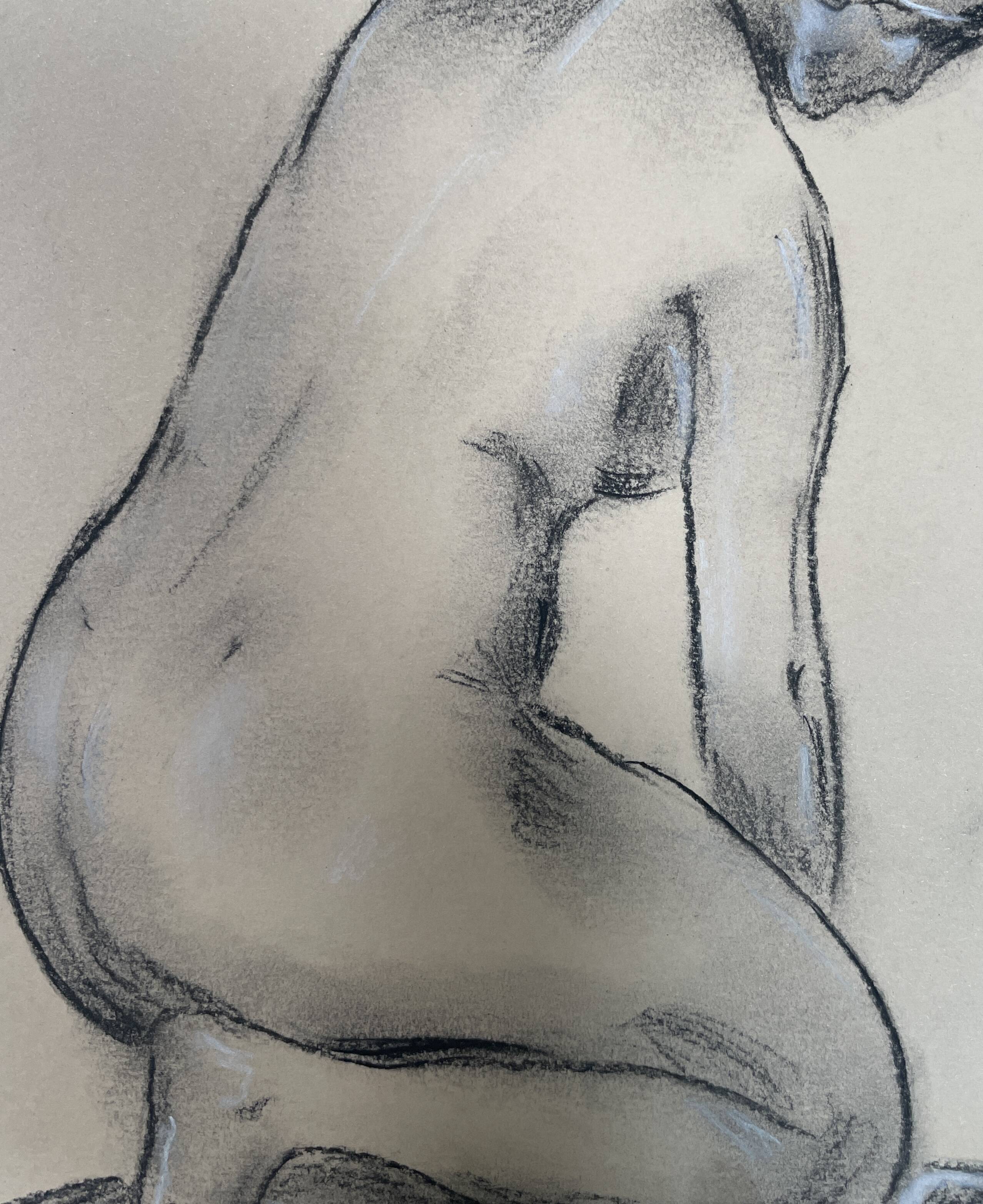 Charcoal drawing, study of a plaster statue of a woman, signed studio piece.