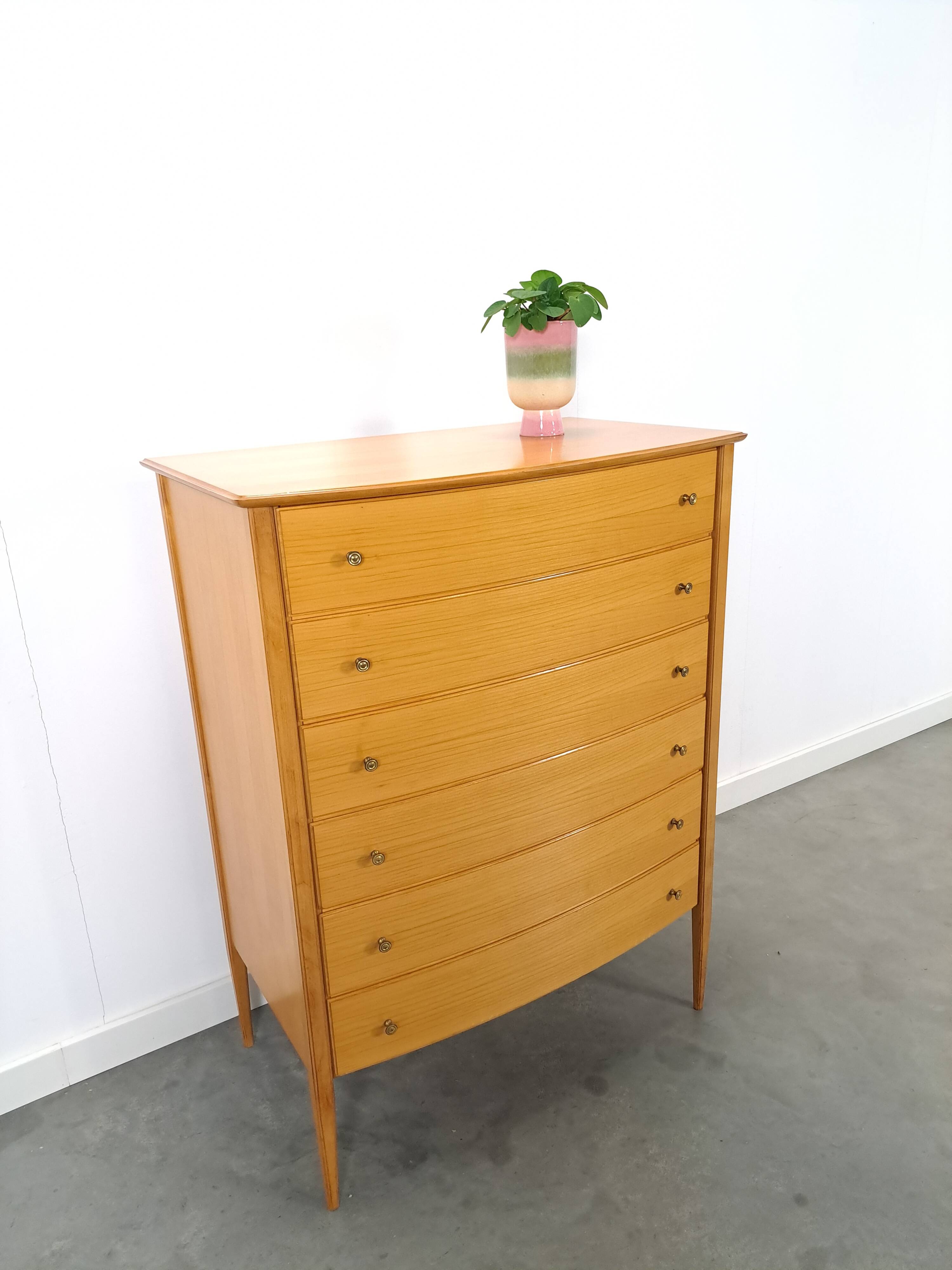 Mid-Century hoge gebogen ladekast met 6 lades