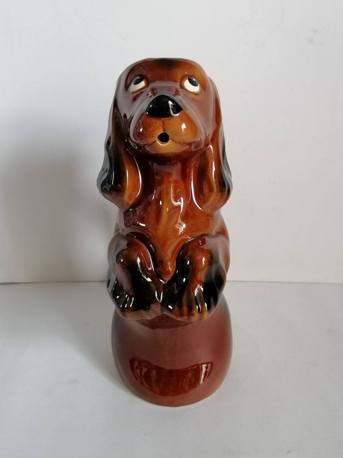 Zoomorphic dachshund dog pitcher in majolica slip