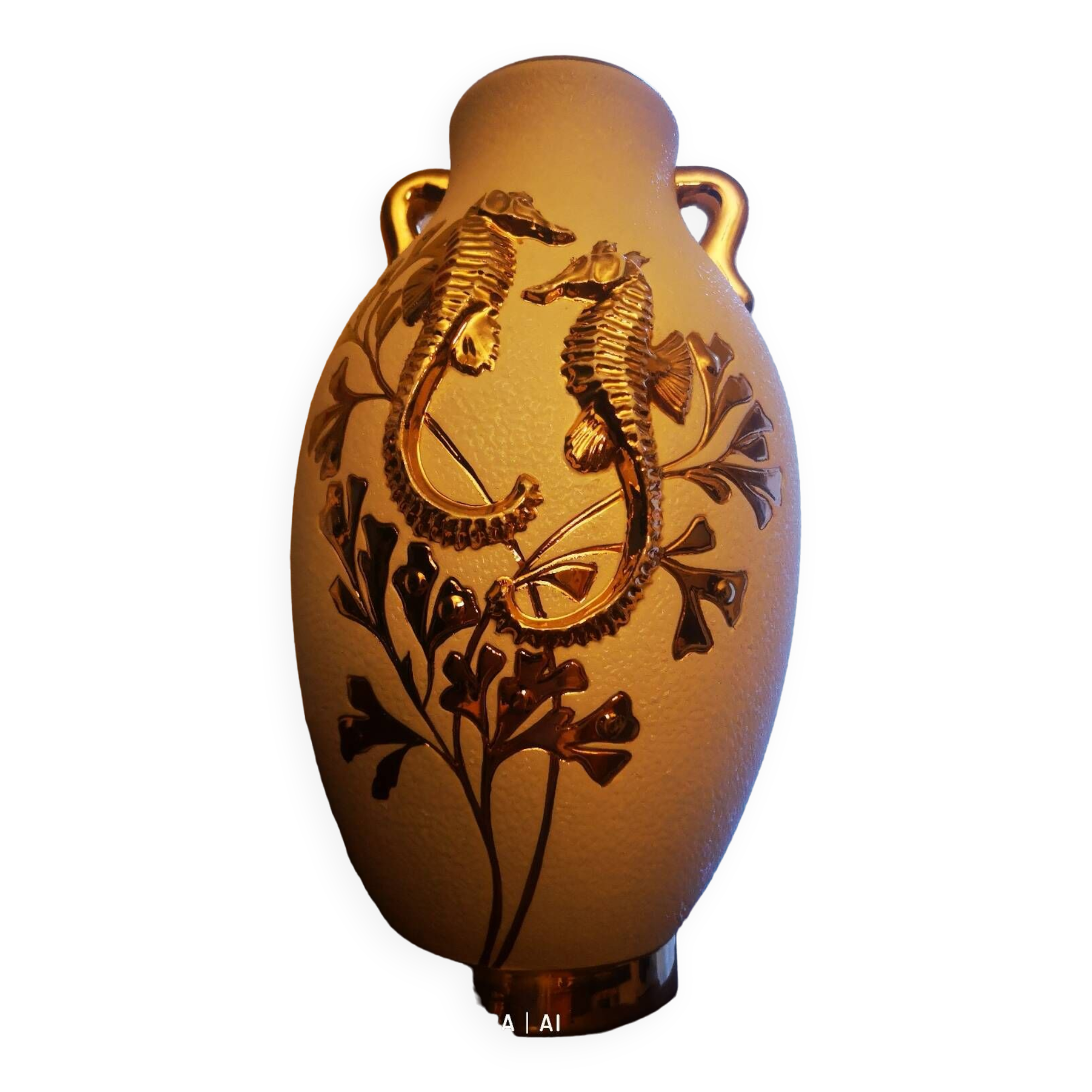 Earthenware vase decorated with seahorses in seaweed, 1940s-50s