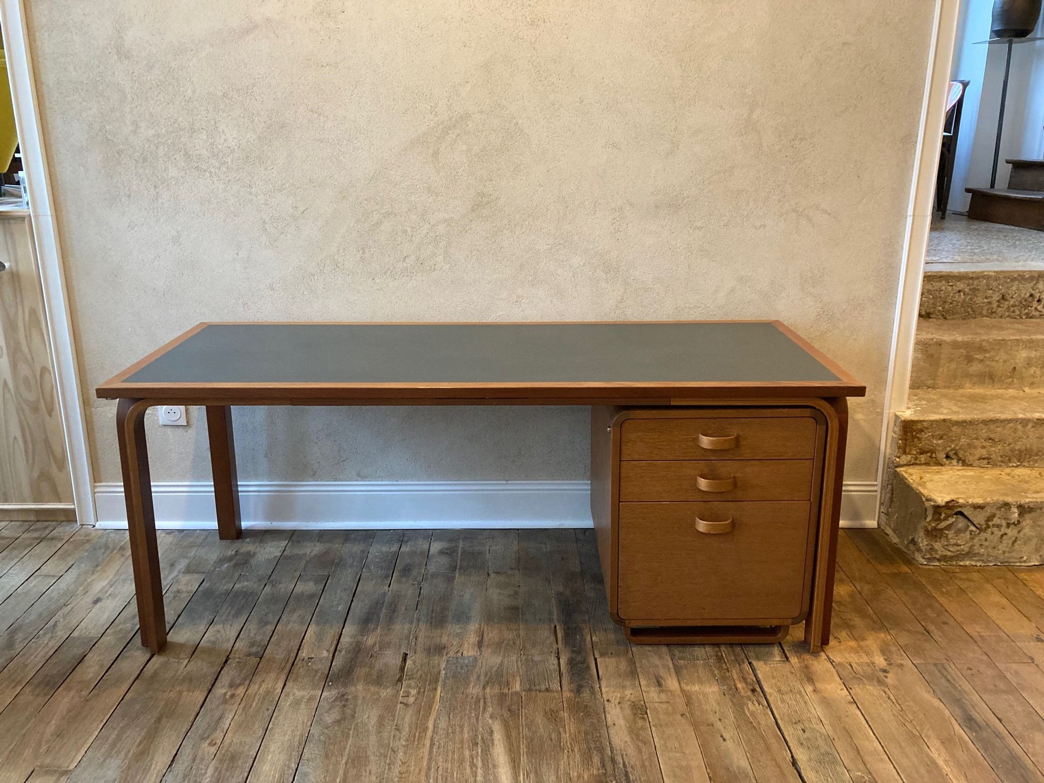 Teak veneer and green linoleum pedestal desk, Rud Thygesen & Johny Sorensen