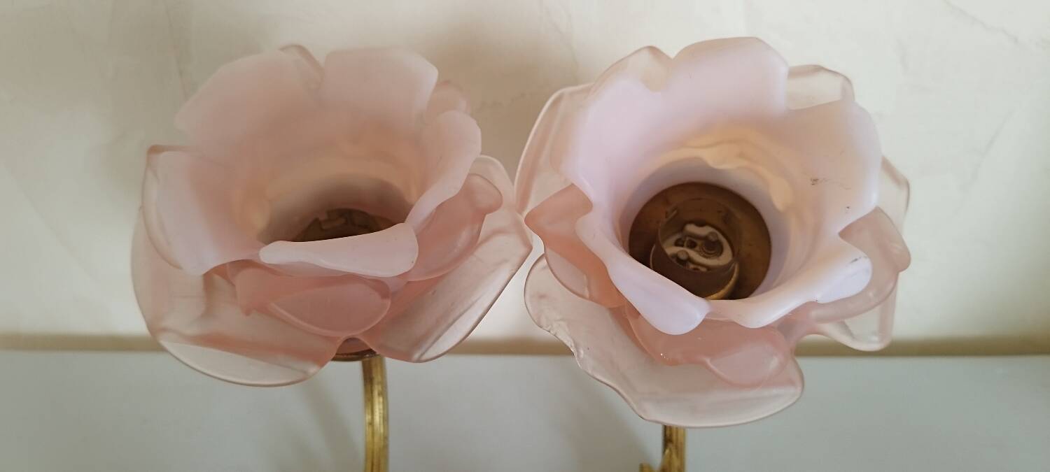 Pair of bronze swan and pink tulip wall lights in glass paste