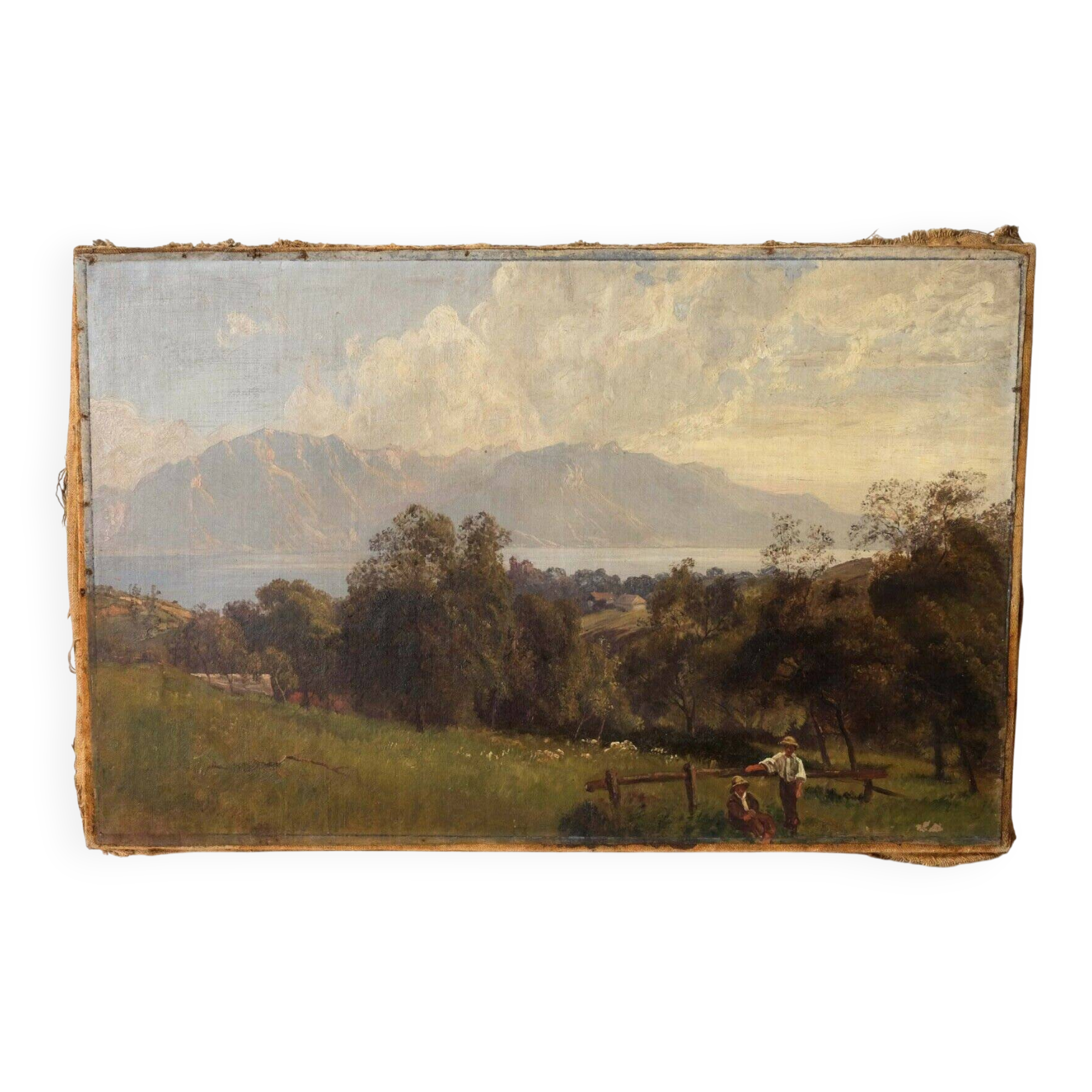 Mountain landscape painting, people and lake.