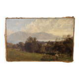 Mountain landscape painting, people and lake.