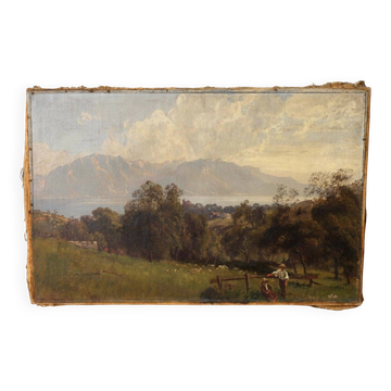 Mountain landscape painting, people and lake.