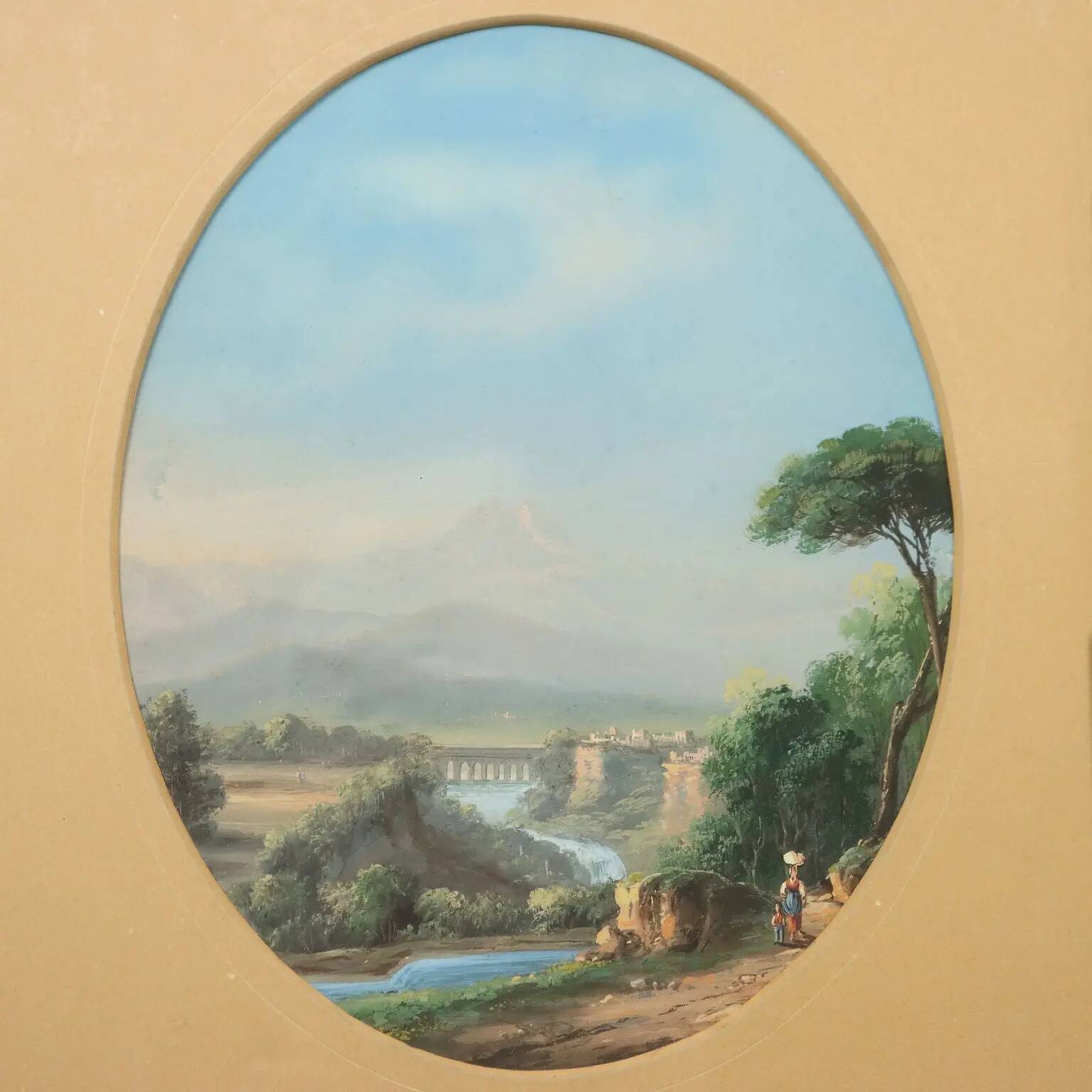 Modern painting landscape with figures, tempera on cardboard, '900