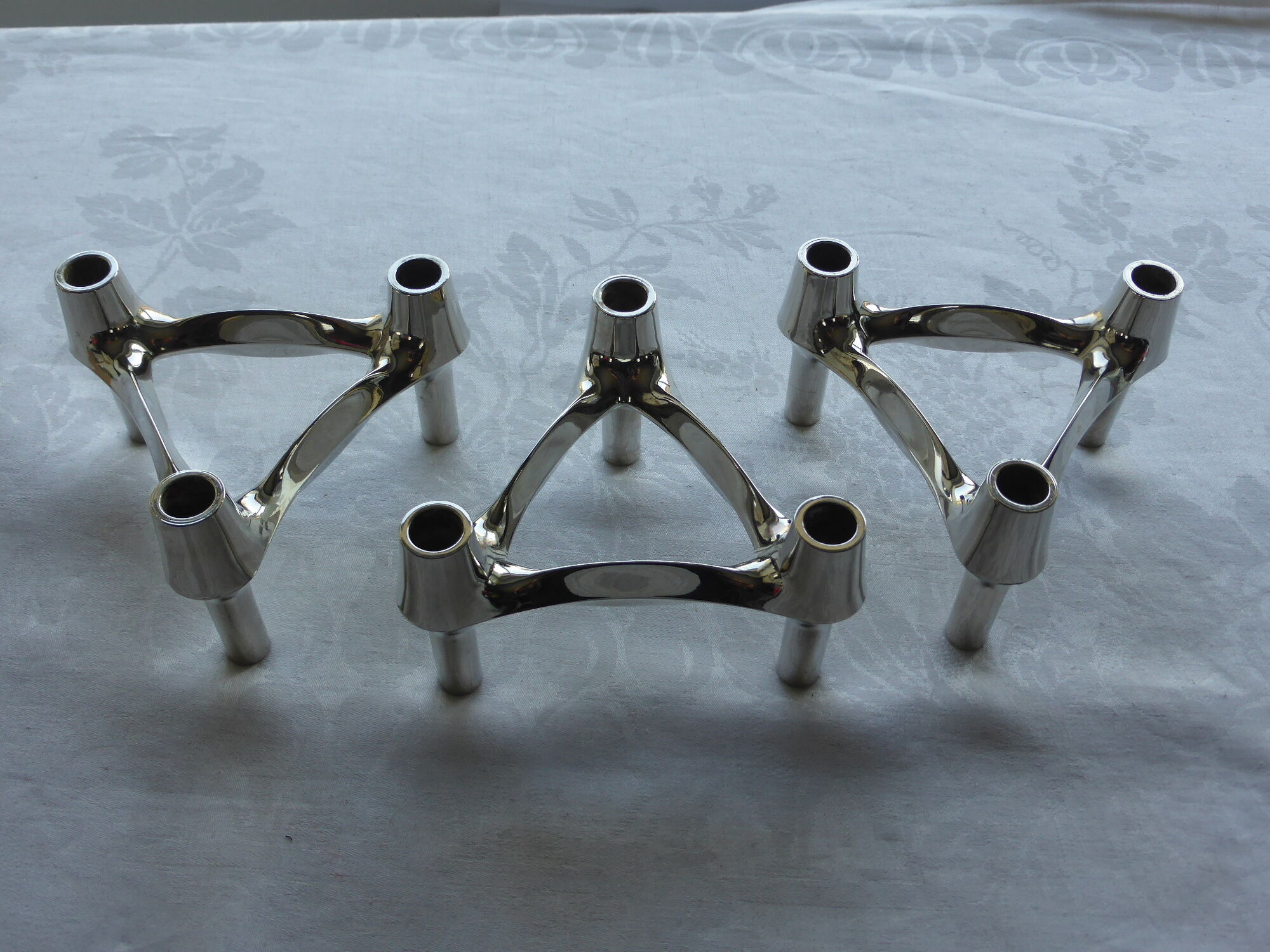 3 Combi-Leuchter chrome metal vintage candlesticks at BMF