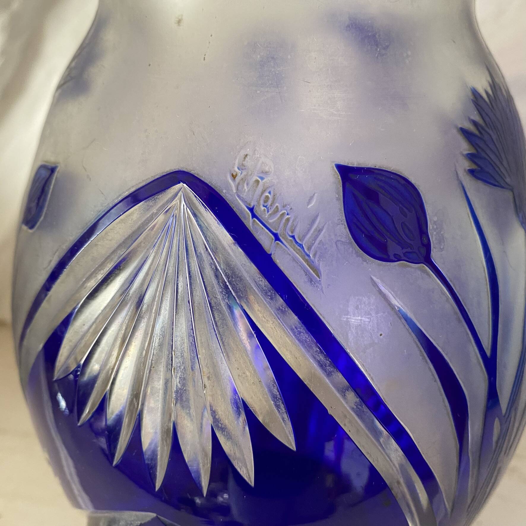 Cobalt blue double crystal vase signed G. Raspiller