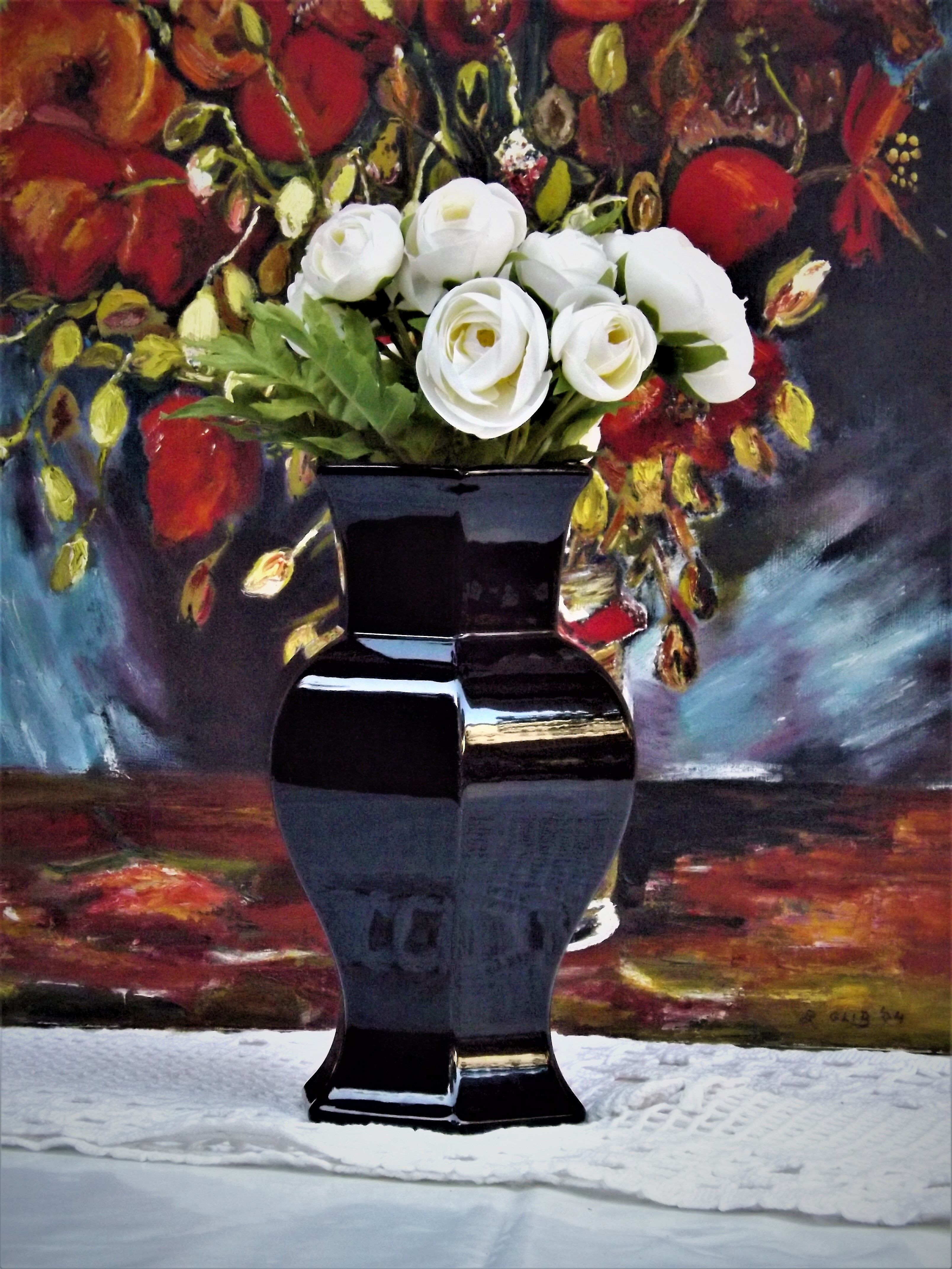 Hexagonal ceramic vase enamelled black France