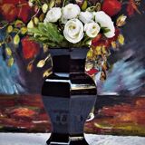 Hexagonal ceramic vase enamelled black France