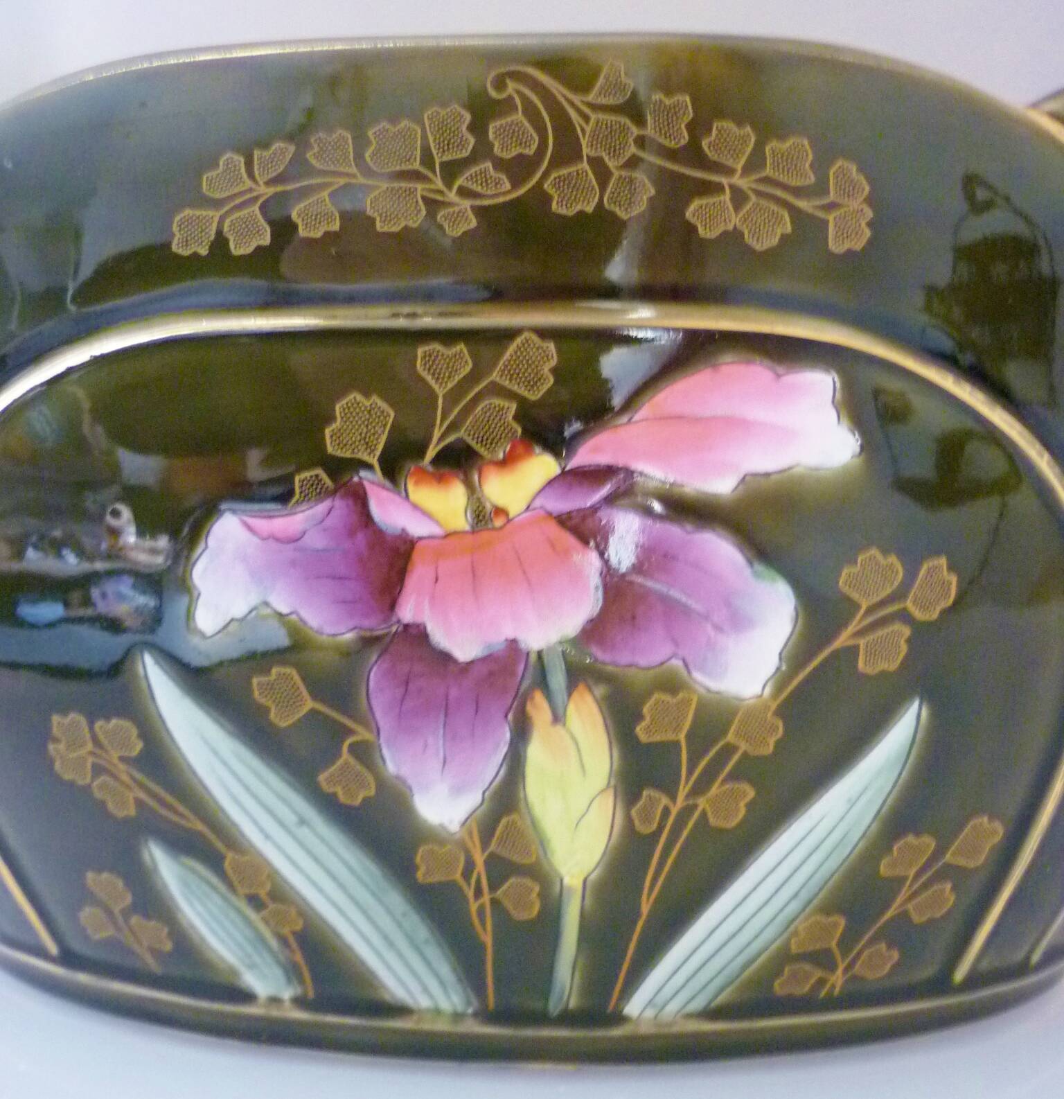 Planter, art nouveau, iris, enameled ceramic, signed Gustave De Bruyn, Fives-Lille