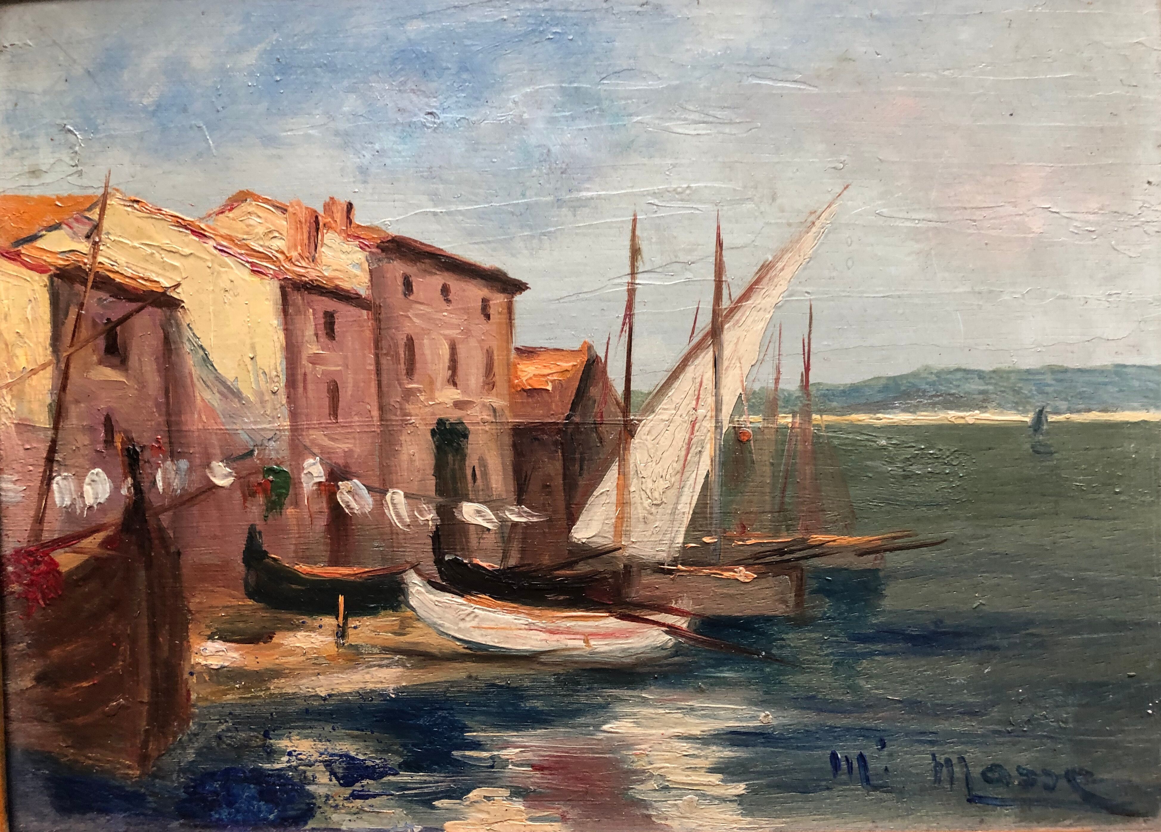 Oil on panel: sailboats at the port