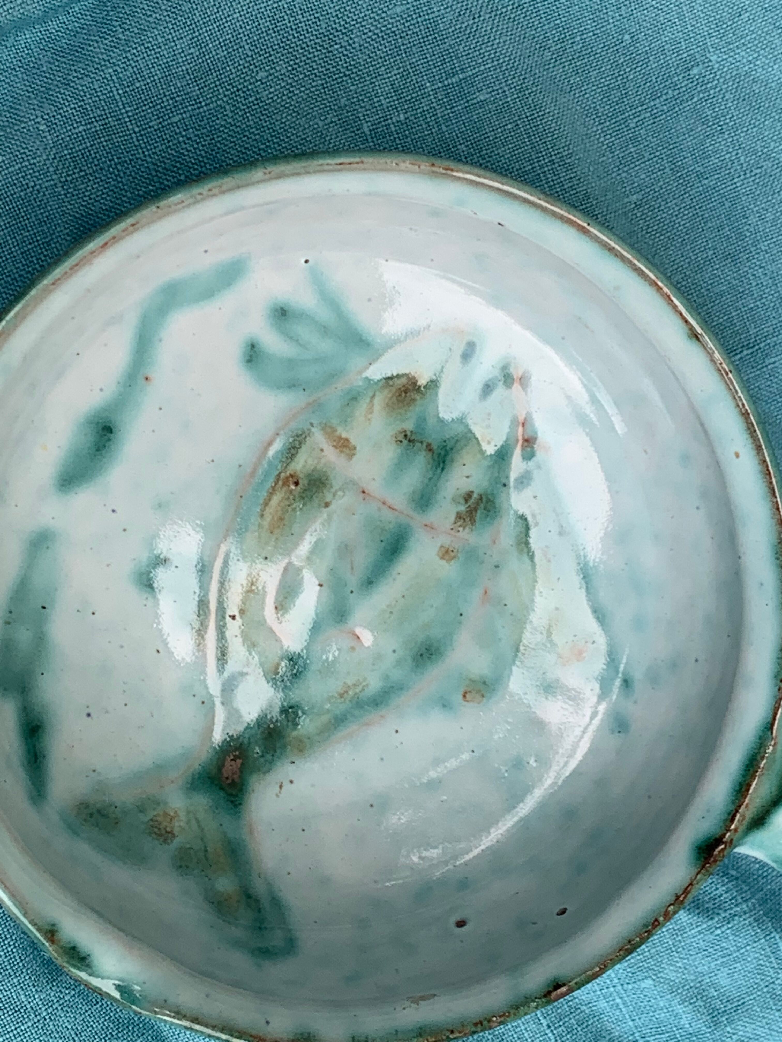 Caquelon, pan sign Humbert pittari vallauris model with blue glazed ceramic fish