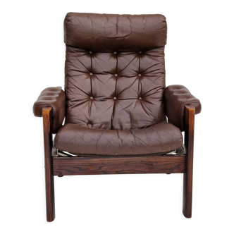 1970s, Scandinavian adjustable lounge chair, brown leather, oak wood.