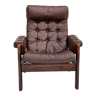 1970s, Scandinavian adjustable lounge chair, brown leather, oak wood.