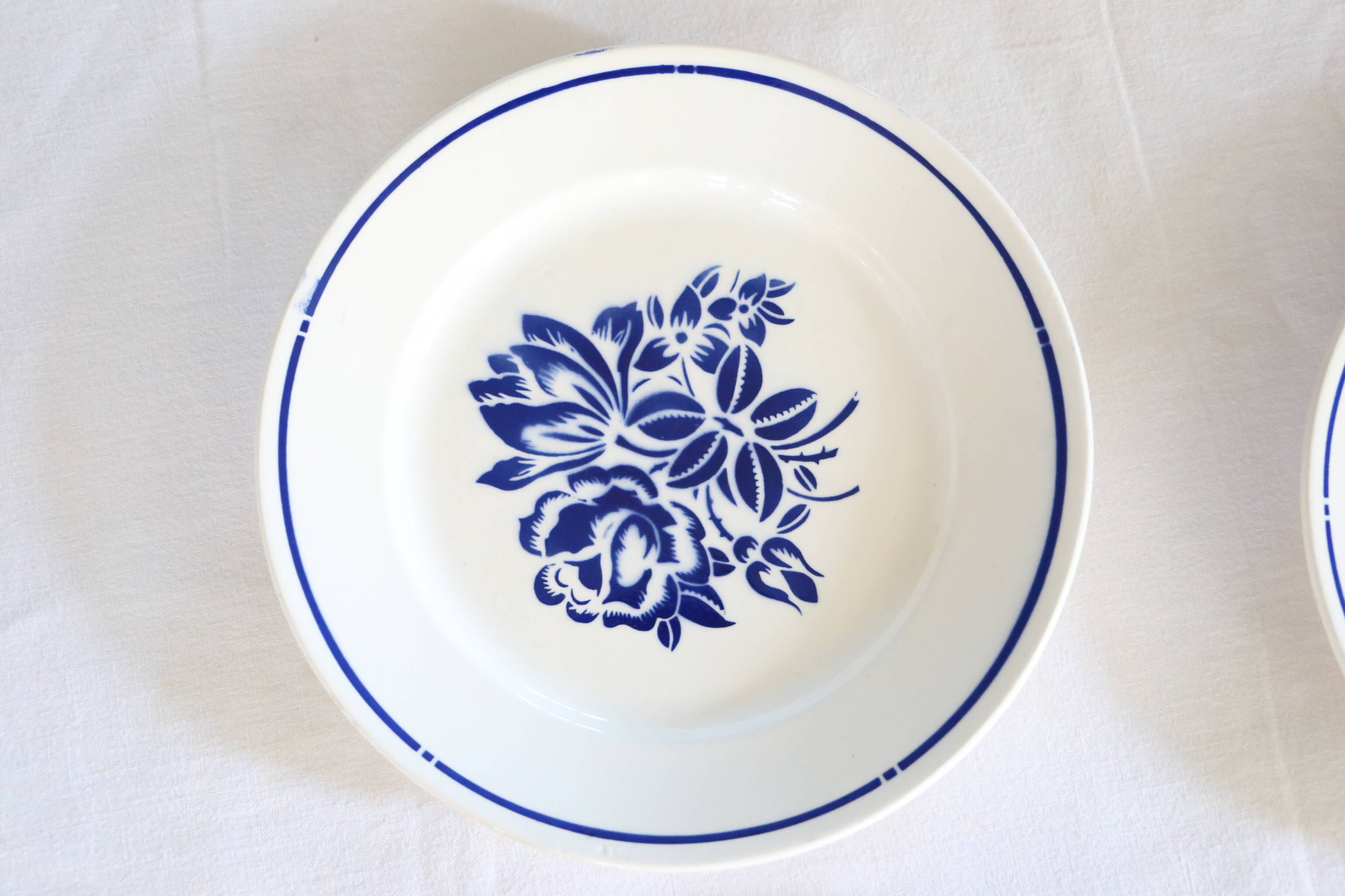 Set of 6 Badonviller flat plates, vintage French, authentic, rare, countryside