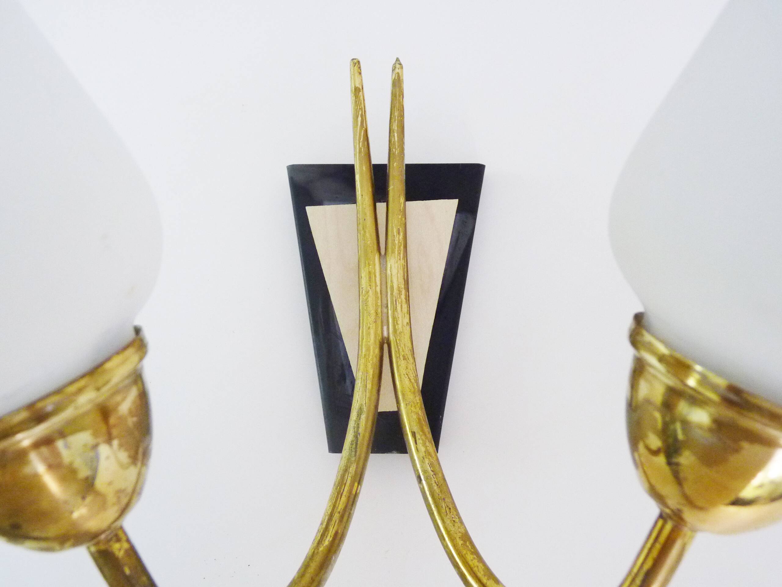 Pair of brass wall lights with double white tube lights. 70s