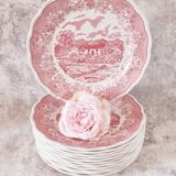 12 assiettes plates en porcelaine de fontebasso made in italy style "toile de jouy" en rose