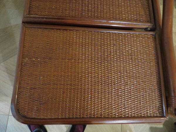 Vintage-commode coiffeuse-rotin tressé-5 tiroirs-miroir-Années 60/70