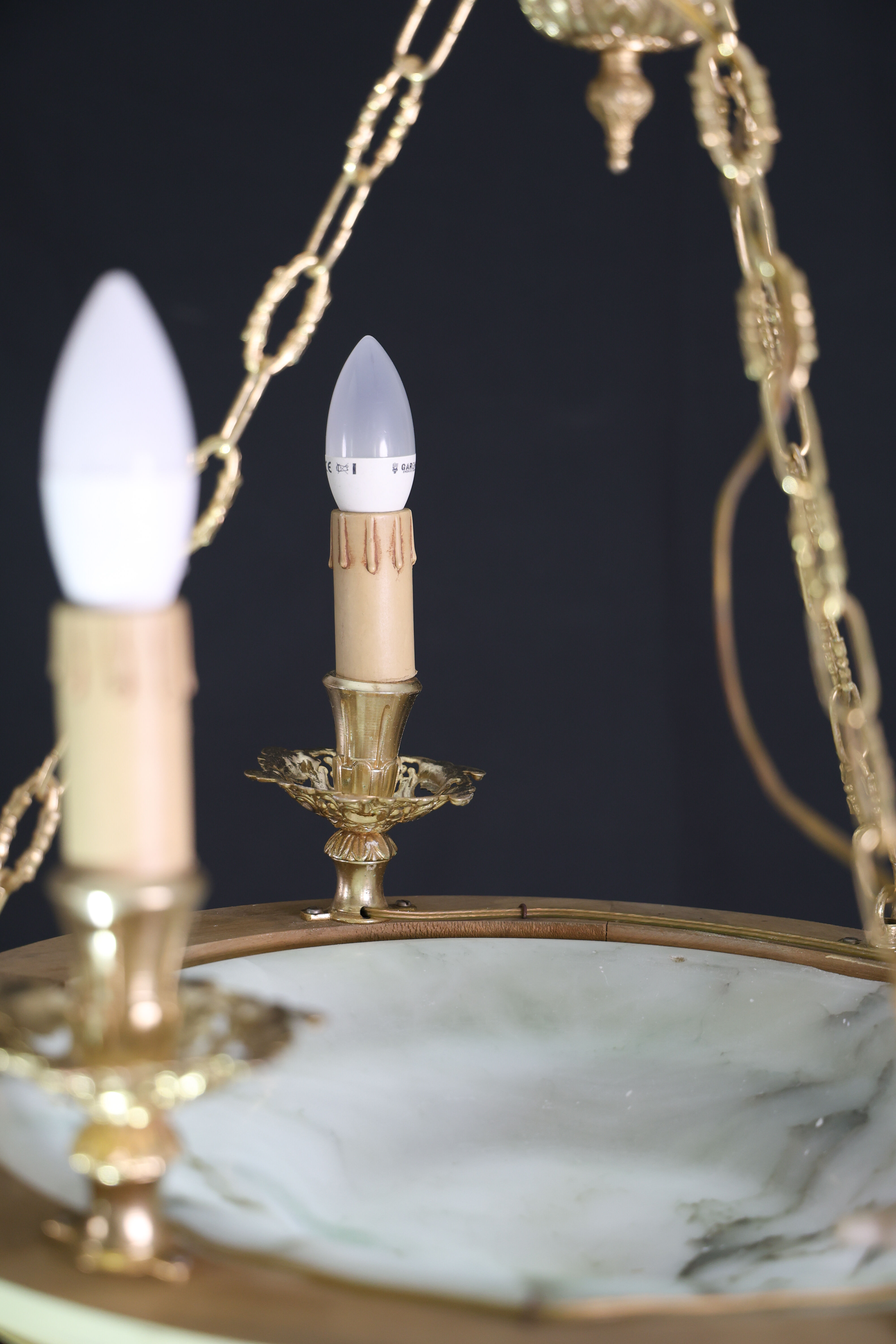 Masterpiece Art Deco design white alabaster chandelier circular wooden fram
