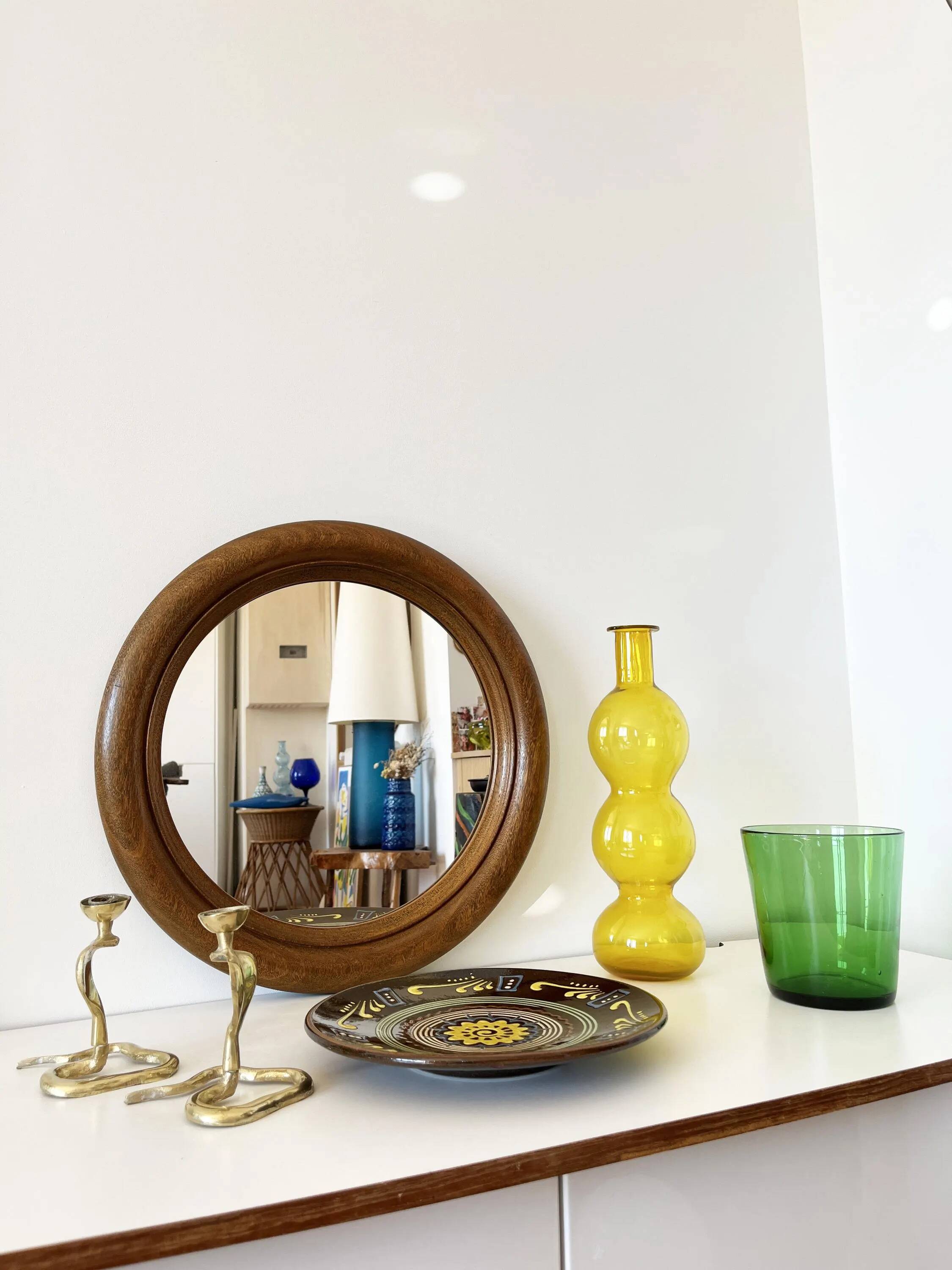 Large round antique solid wood mirror, 49cm