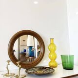 Large round antique solid wood mirror, 49cm