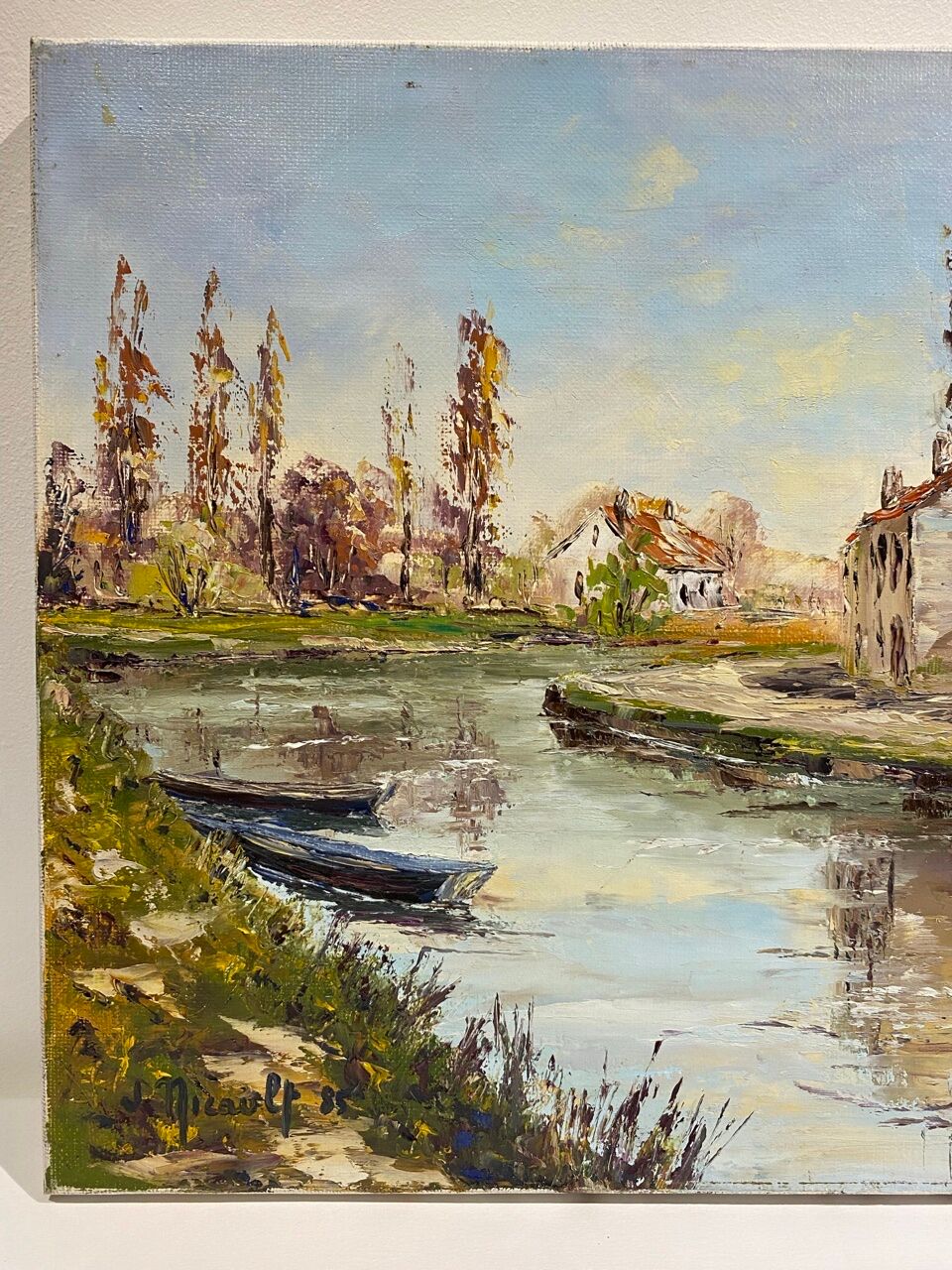 Old painting, landscape with the river signed J Micault dated 1985