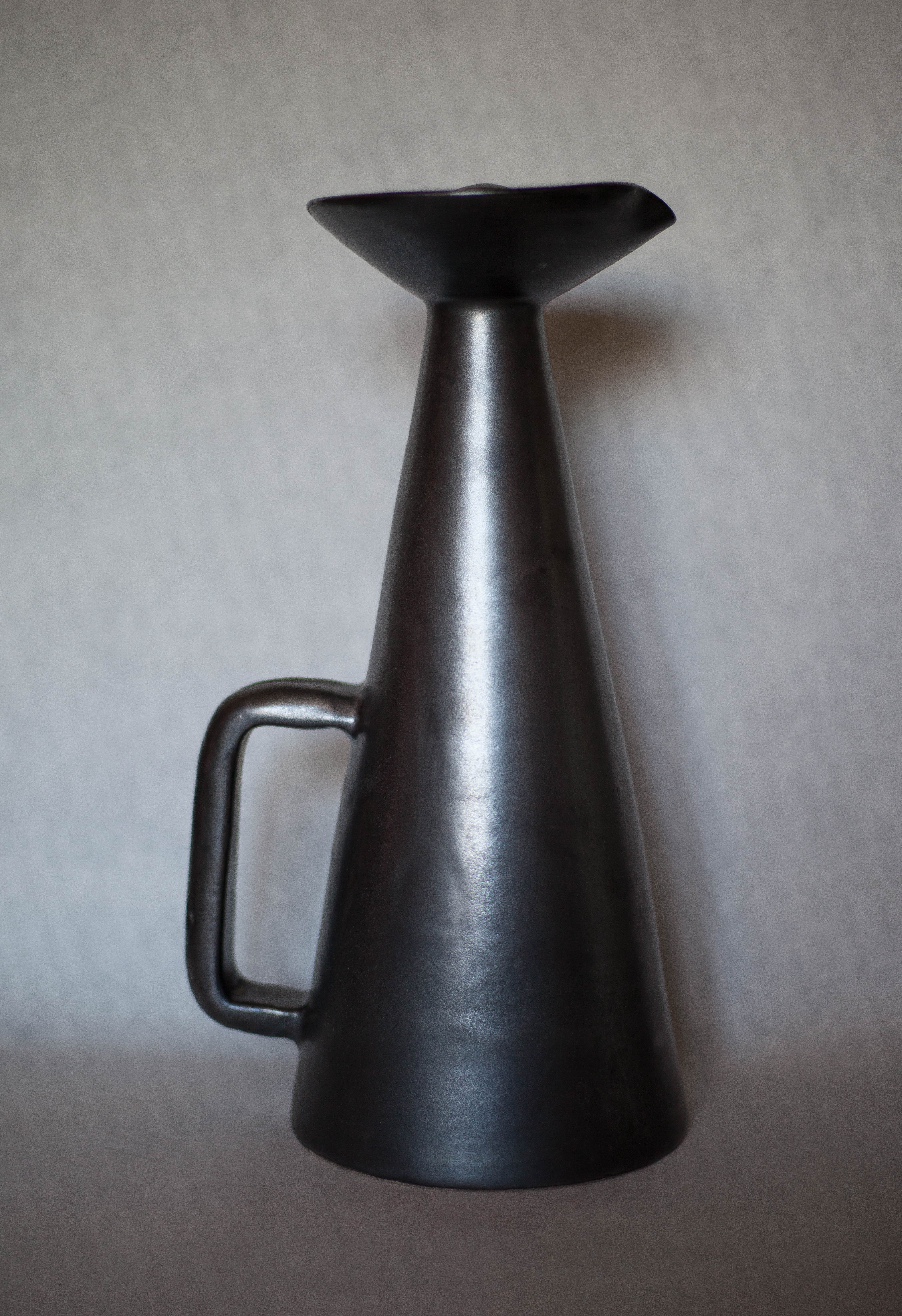 Ceramic pitcher of Louviers manufacture 50s, pitcher with conical handle